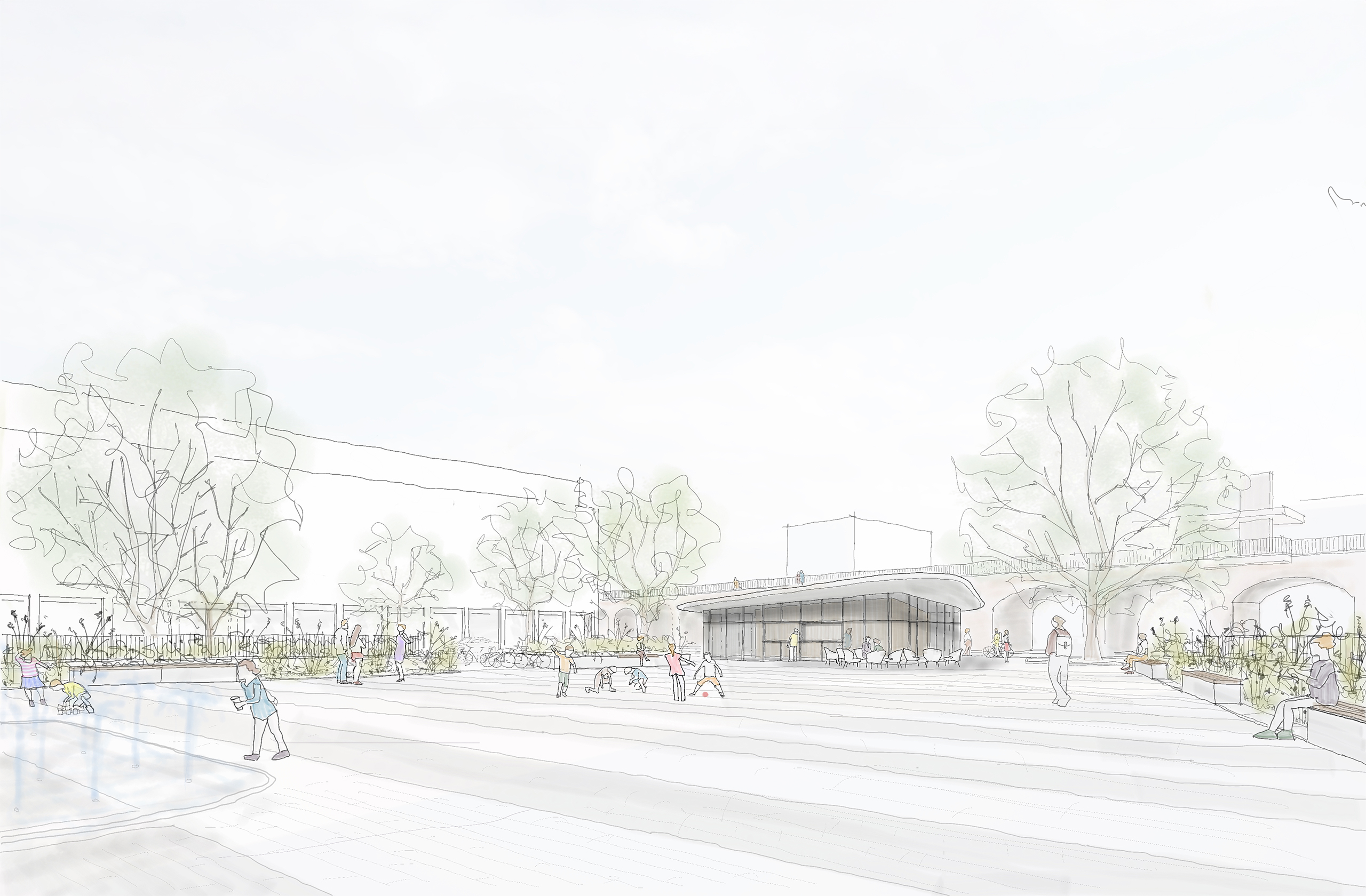 Ansicht des Rathausmarkts mit Platzhaus, Bäumen und Aufenthaltsflächen