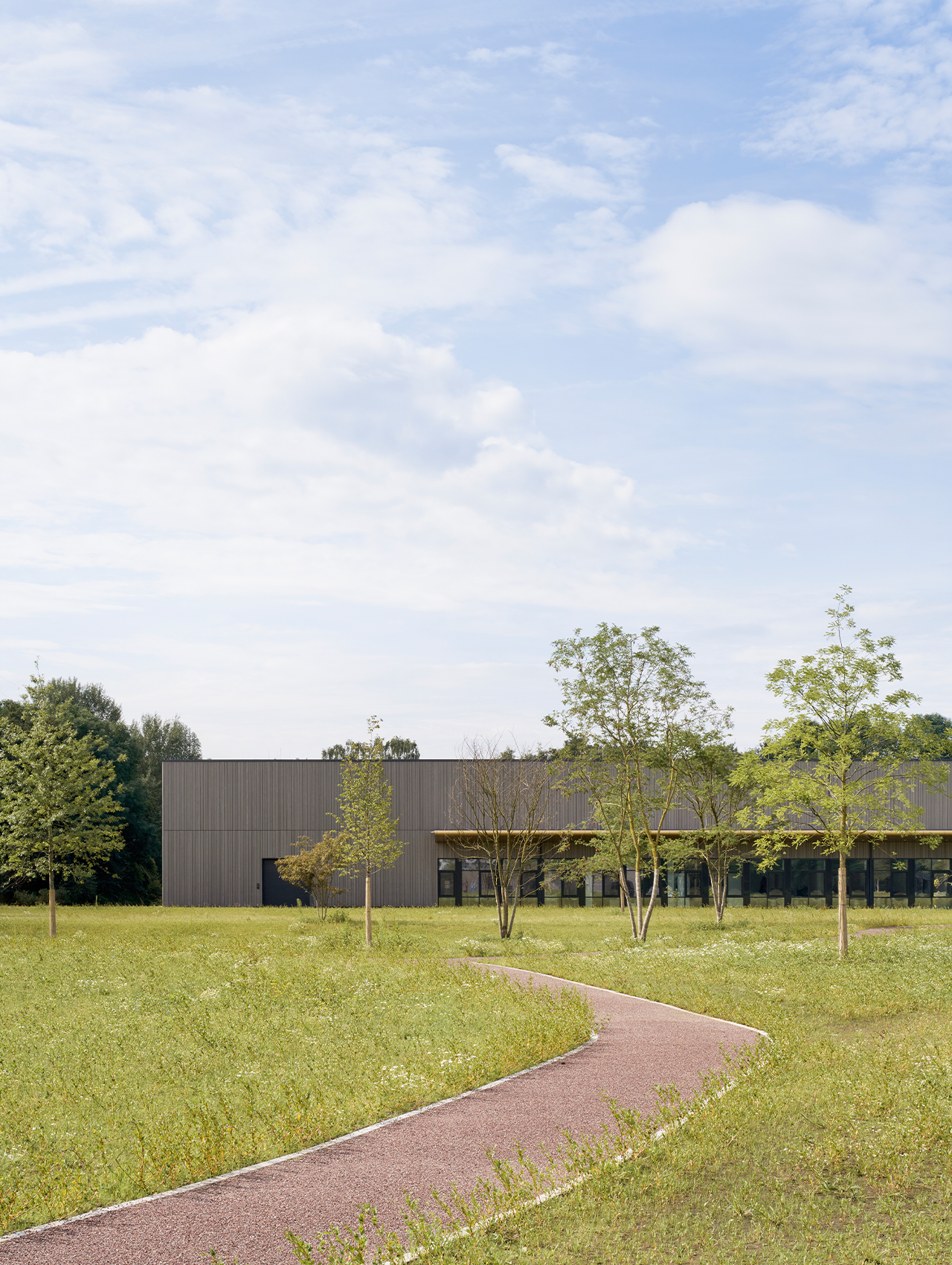 Moderner Bau mit dunkler Holzfassade in einer Wiesenlandschaft, geschwungener Weg führt zum Gebäude, junge Bäume im Vordergrund.