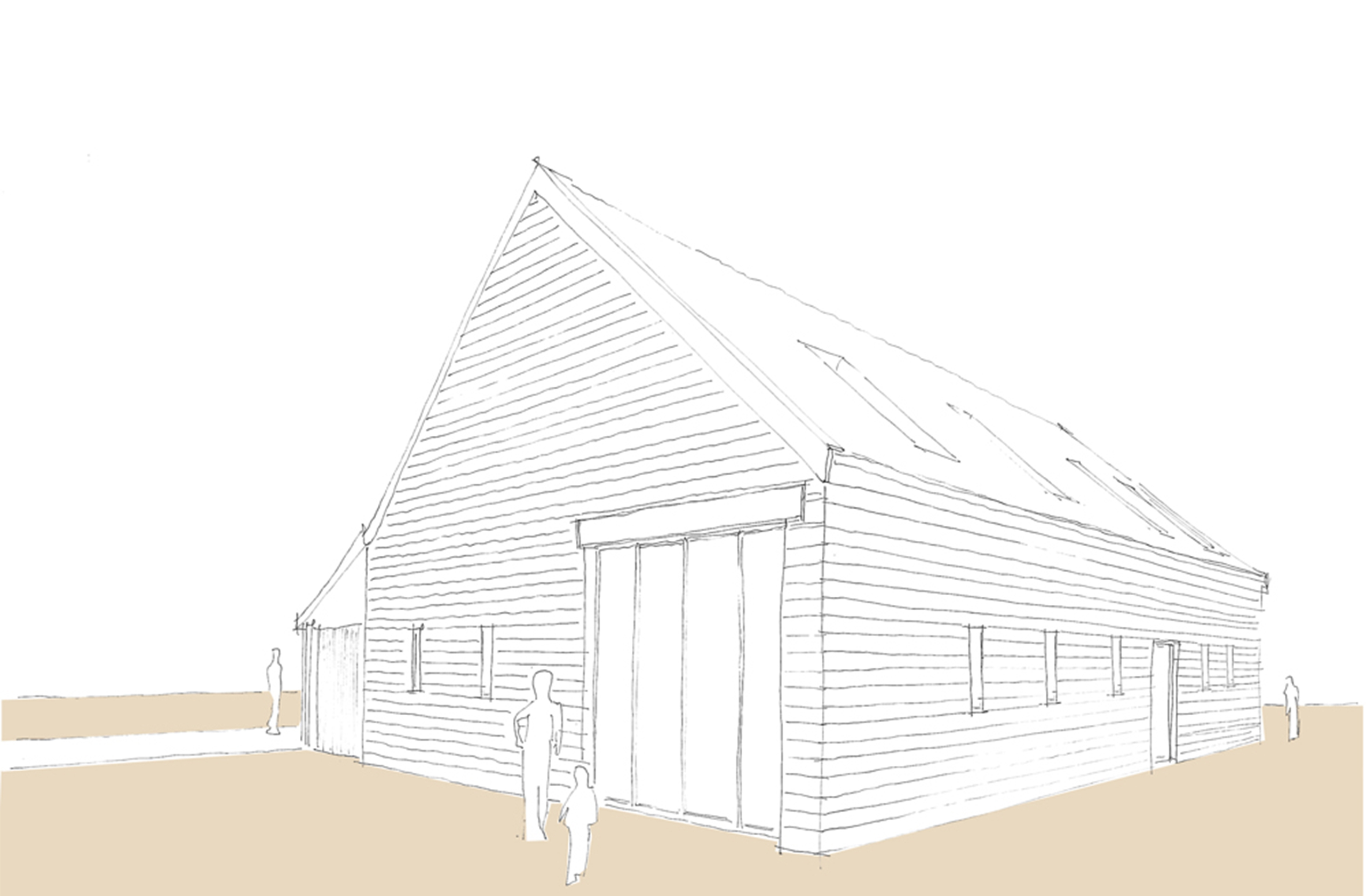 Perspektivische Architekturzeichnung eines modernen Scheunenumbaus 