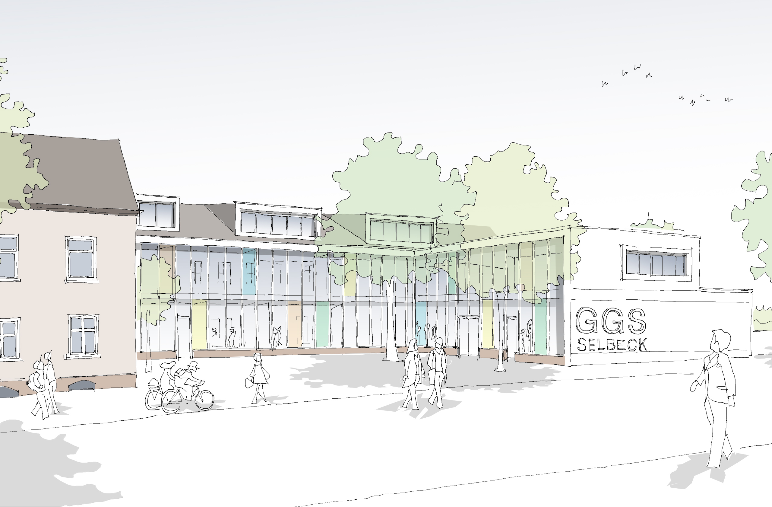 Architekturvisualisierung der Erweiterung der Gemeinschaftsgrundschule Karl-Forst-Straße (GGS Selbeck) mit modernem Eingangsbereich, Glasfassade und begrüntem Schulvorplatz.