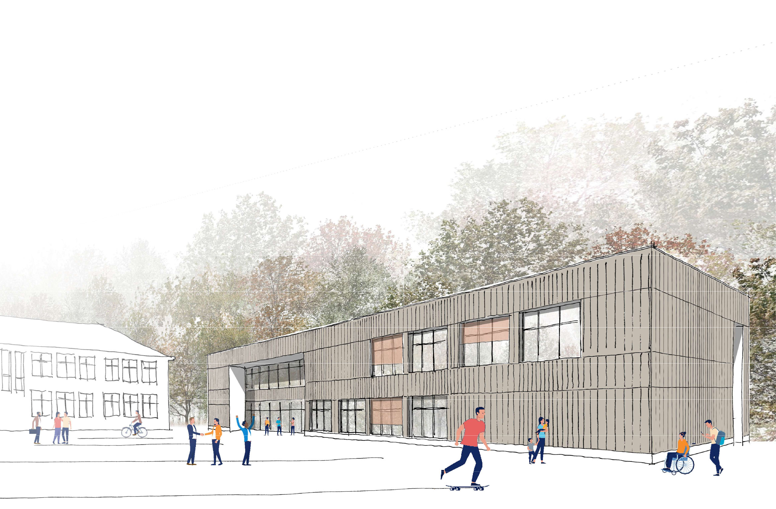 Visualisierung eines zweigeschossigen, modernen Schulneubaus mit vertikaler Holzfassade, großen Fensterflächen und Vorplatz mit spielenden Kindern sowie bestehendem Altbau im Hintergrund.