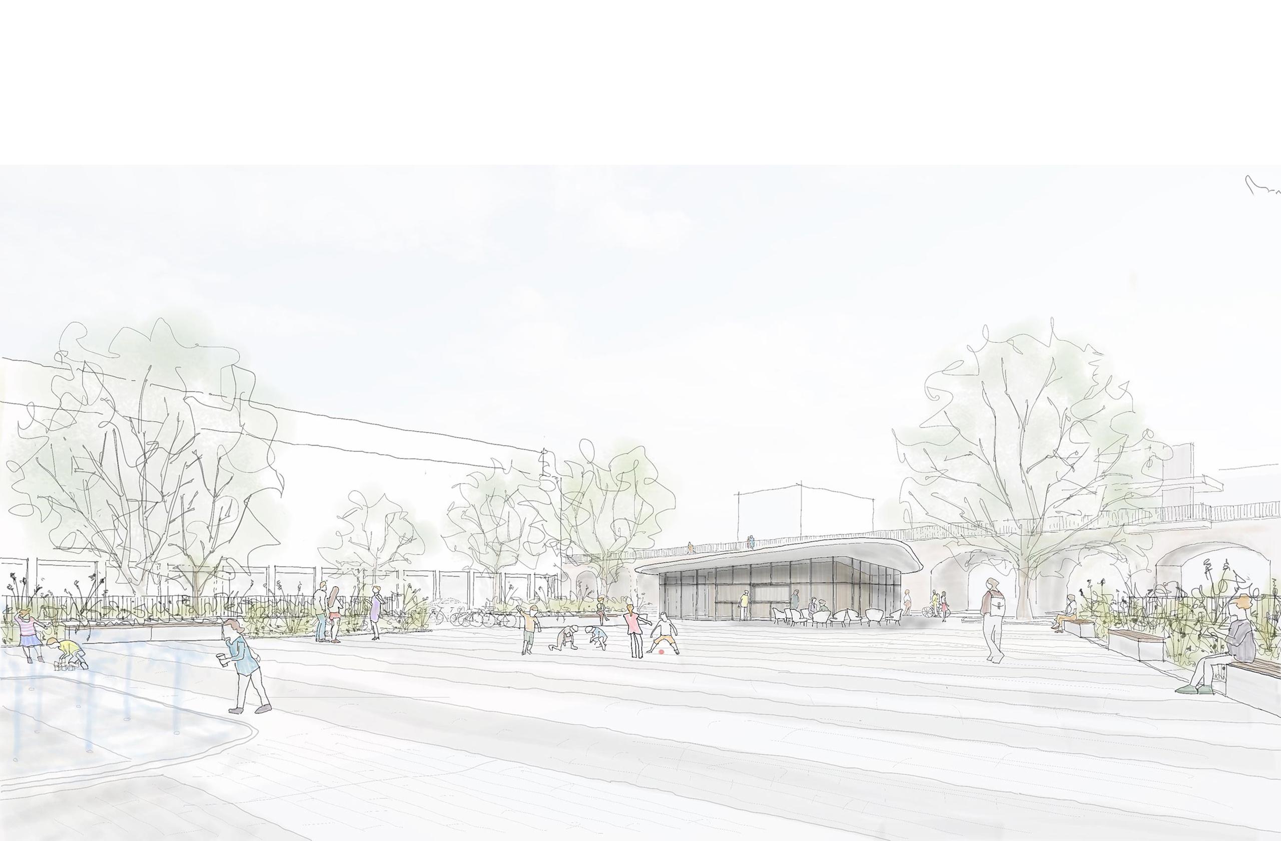 Ansicht des Rathausmarkts mit Platzhaus, Bäumen und Aufenthaltsflächen