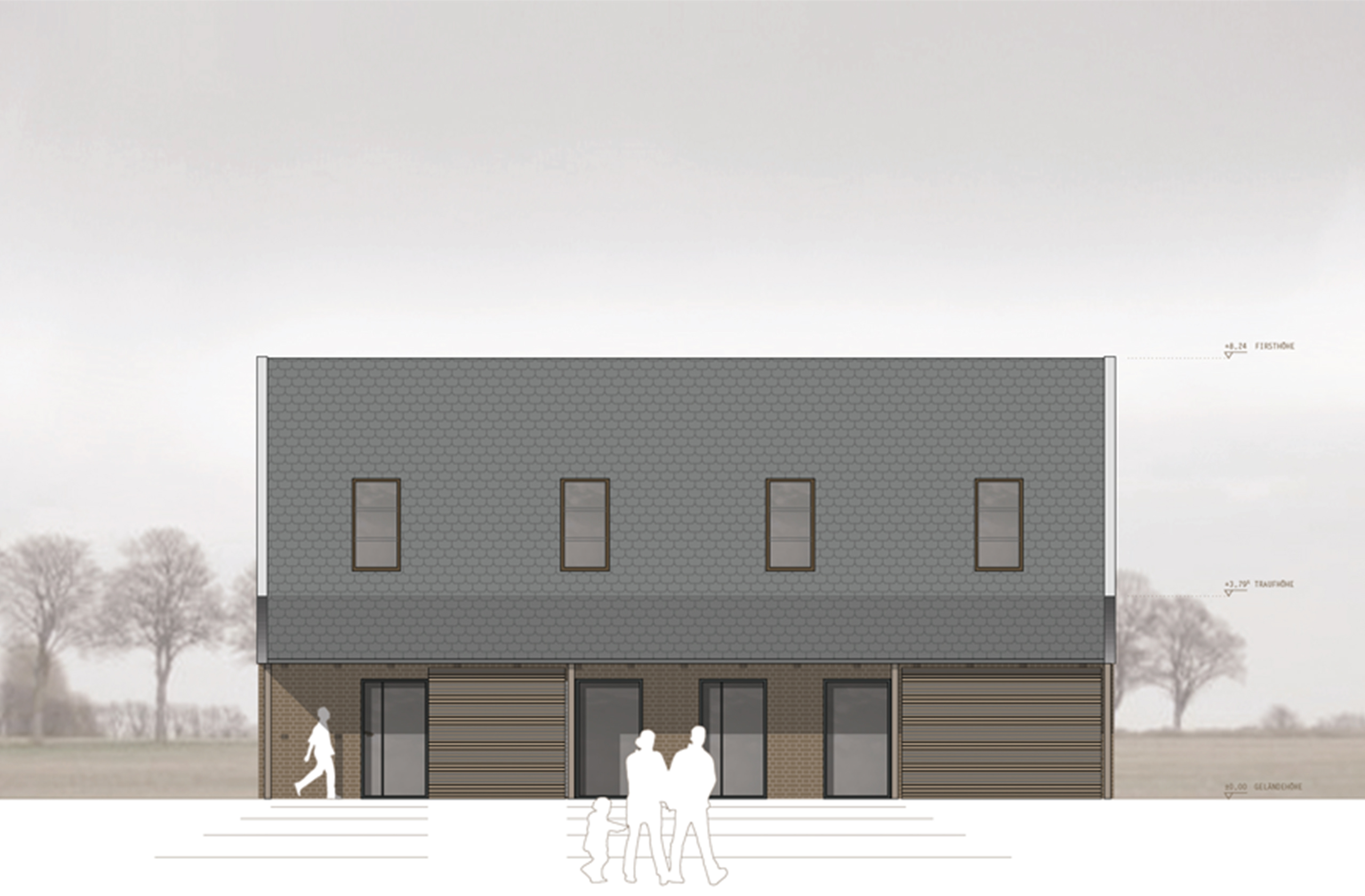 Nordansicht eines Scheunenumbaus mit Backsteinfassade, Satteldach und modernen Fensteröffnungen