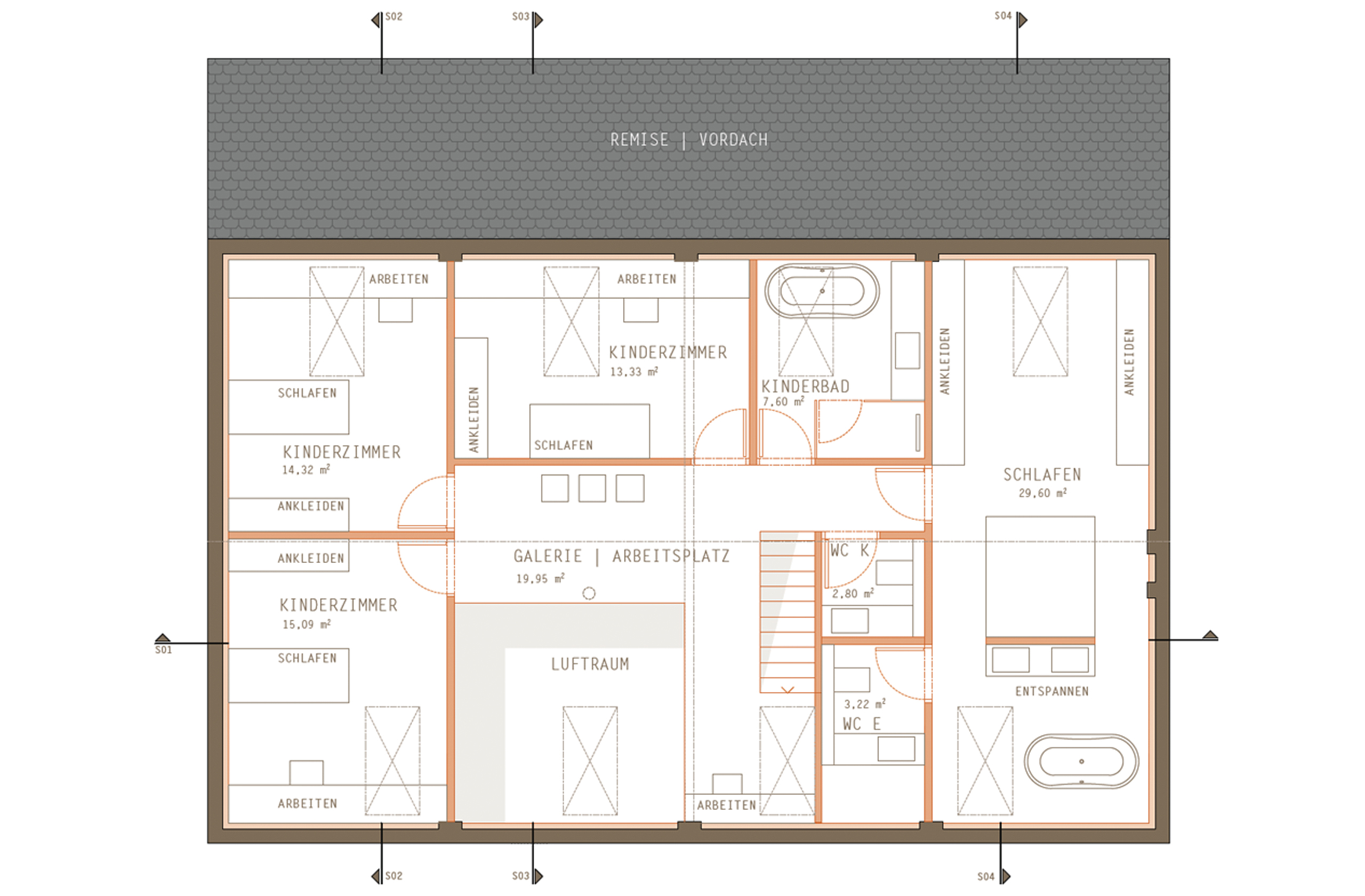 Grundriss Obergeschoss eines Scheunenumbaus mit Kinderzimmern, Galerie und Schlafbereich
