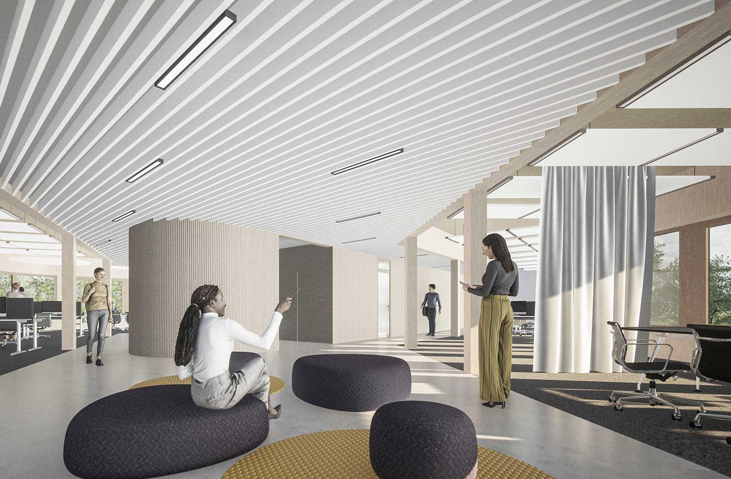 Innenraumperspektive des Ruhrtalbogen mit modernen Arbeitsplätzen und offener Raumstruktur