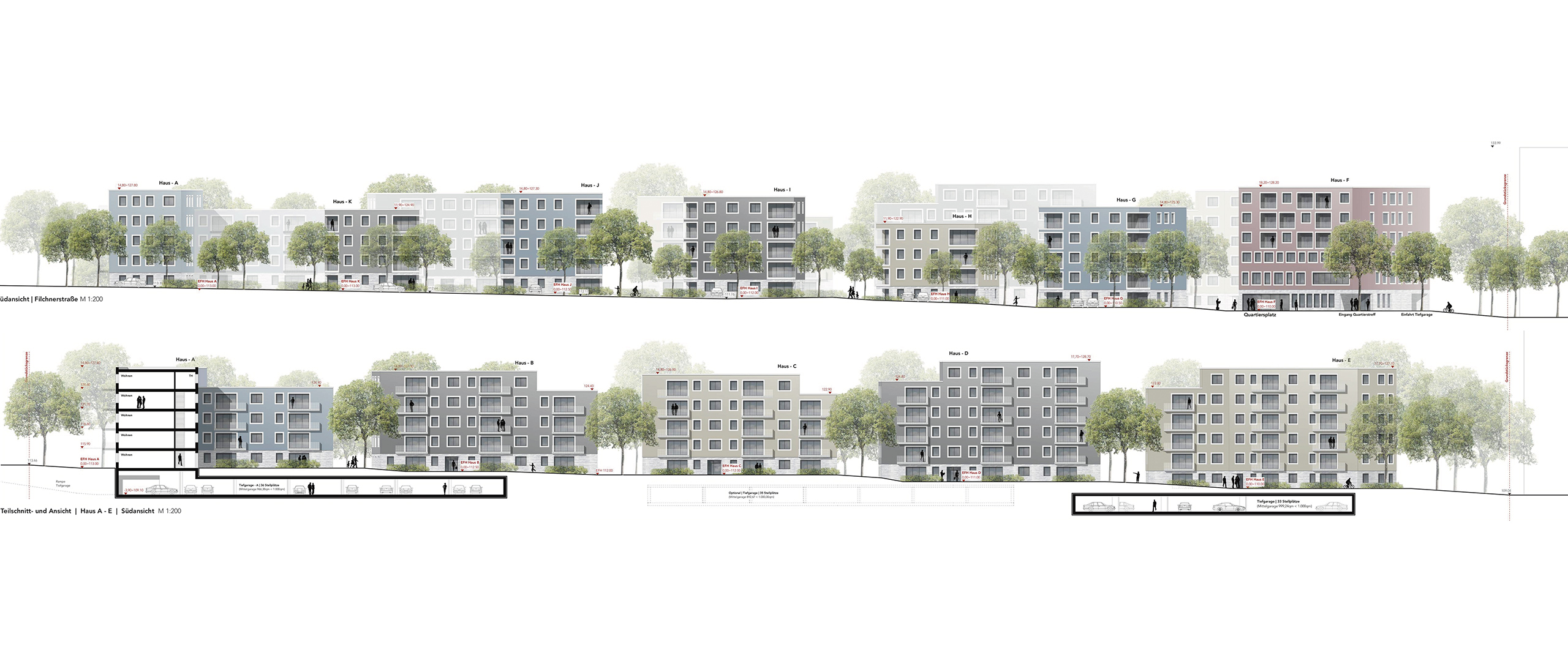 Gesamtansicht des Wohnquartiers Eichbaumsiedlung mit mehreren Baukörpern