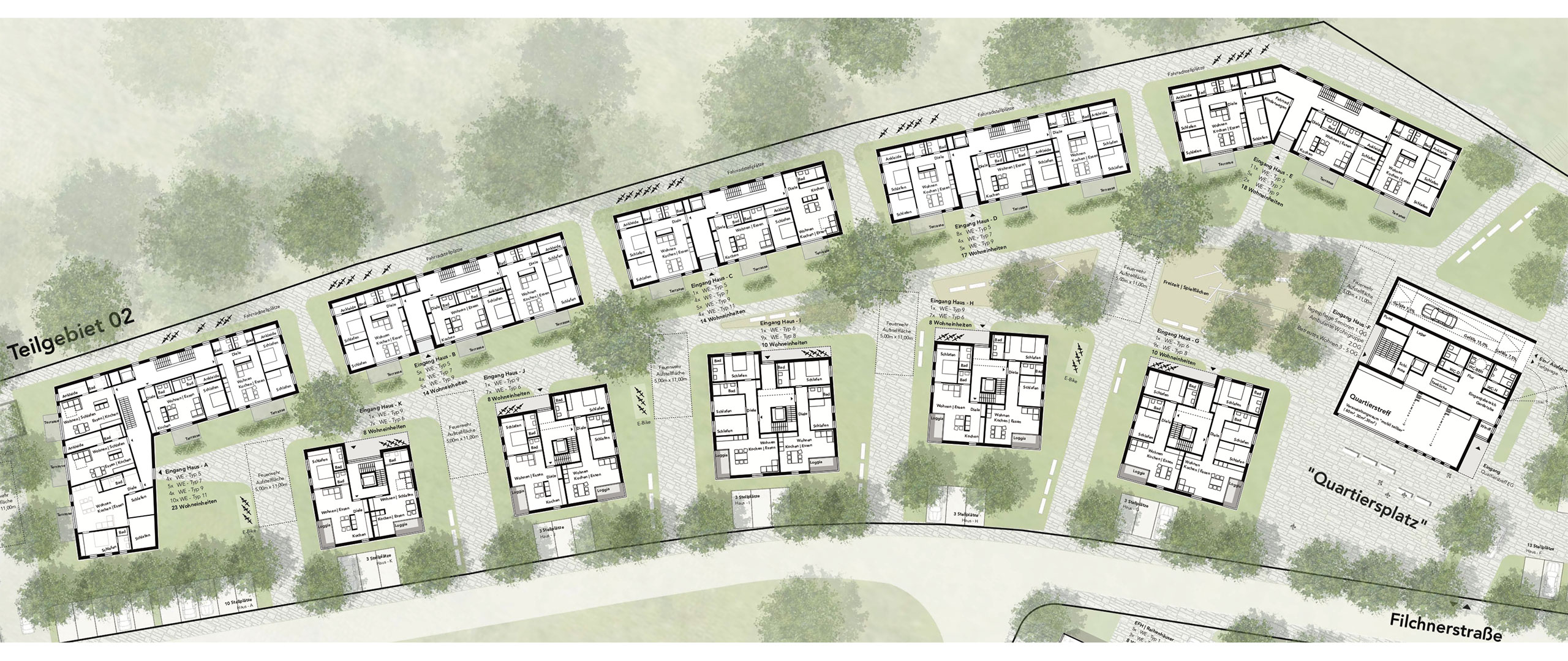 Lageplan des Wohnquartiers Eichbaumsiedlung mit Gebäudeanordnung und Grünflächen