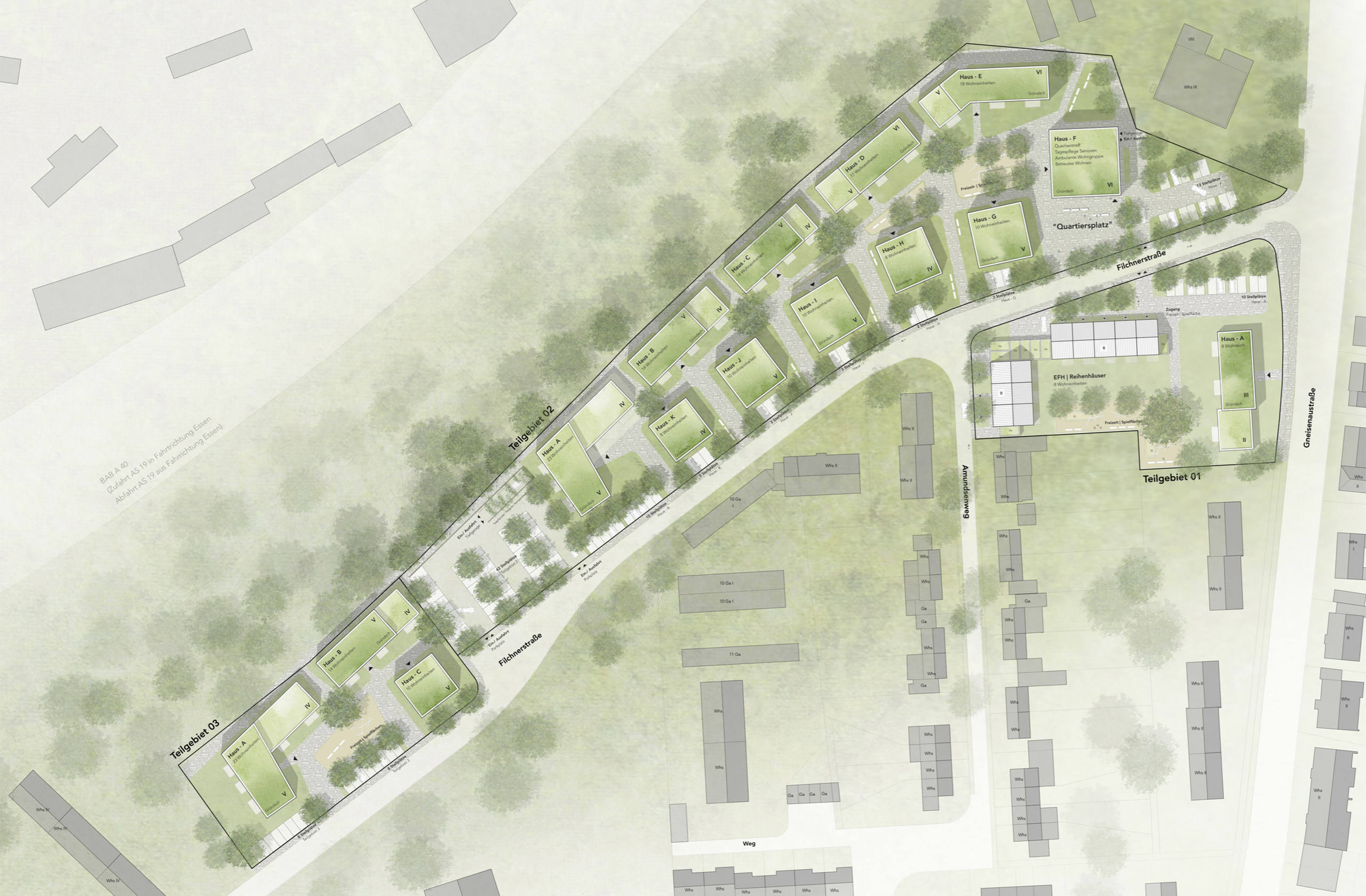Lageplan des Wohnquartiers Eichbaumsiedlung mit mehreren Baukörpern