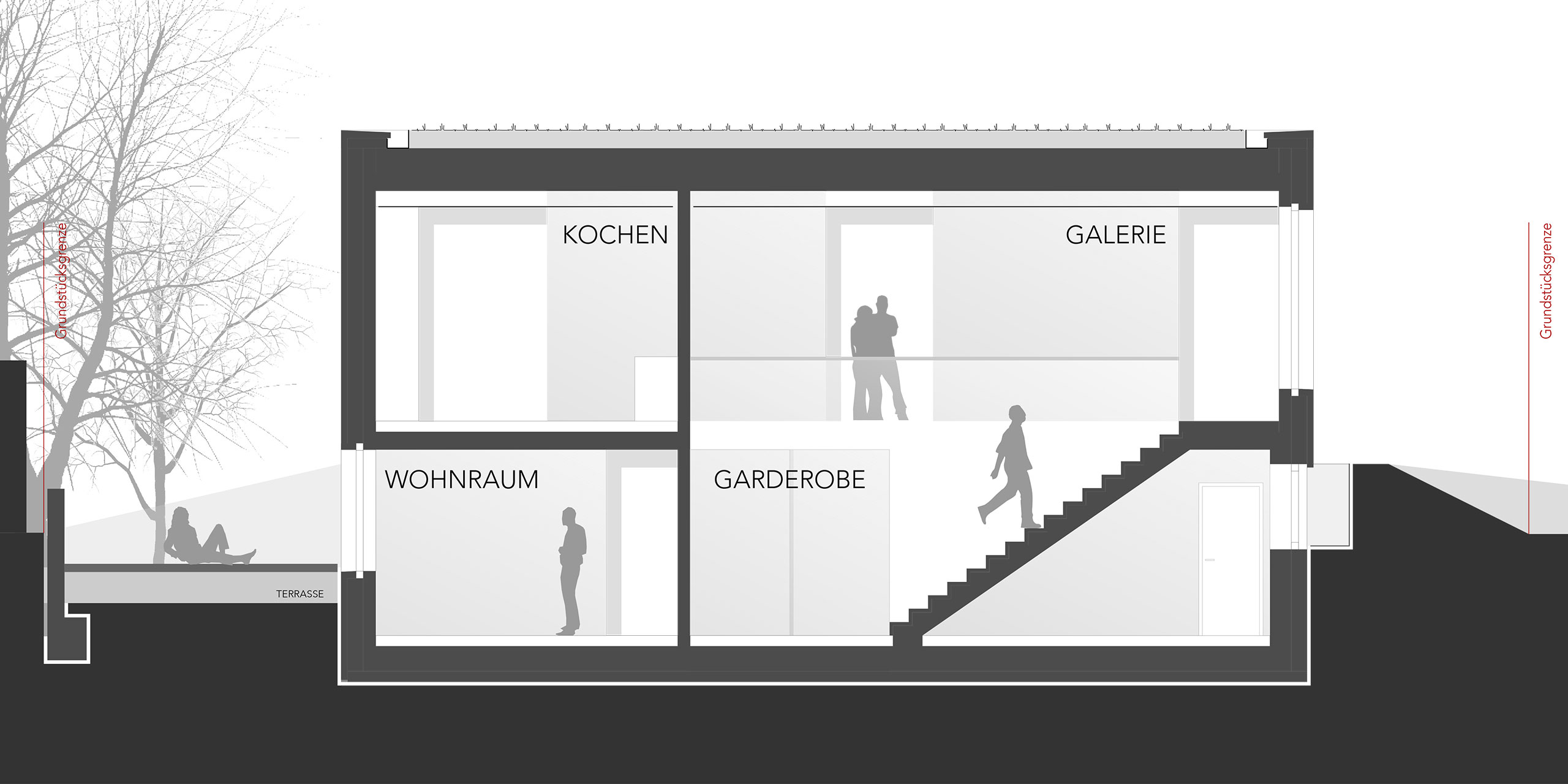 Schnittdarstellung mit Höhenstaffelung des Wohnhauses