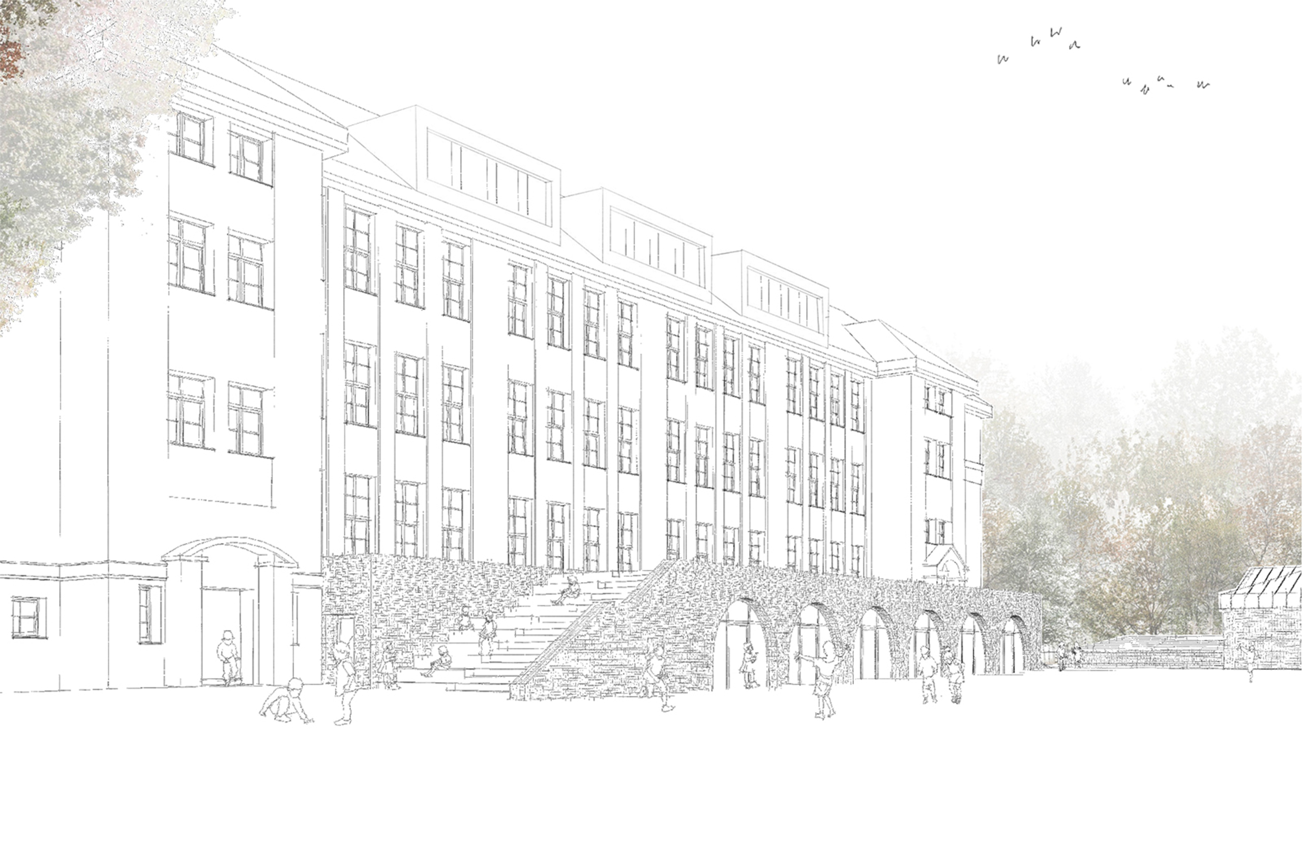 Perspektivische Ansicht auf den Haupteingang der GGS Hölterschule mit Zugangstreppe