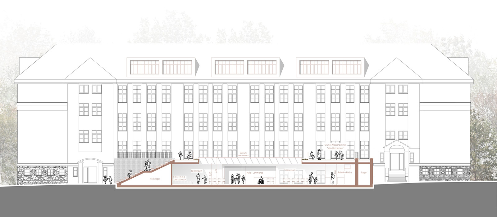 Ansicht der GGS Hölterschule mit Erweiterungsbau und Treppenanlage