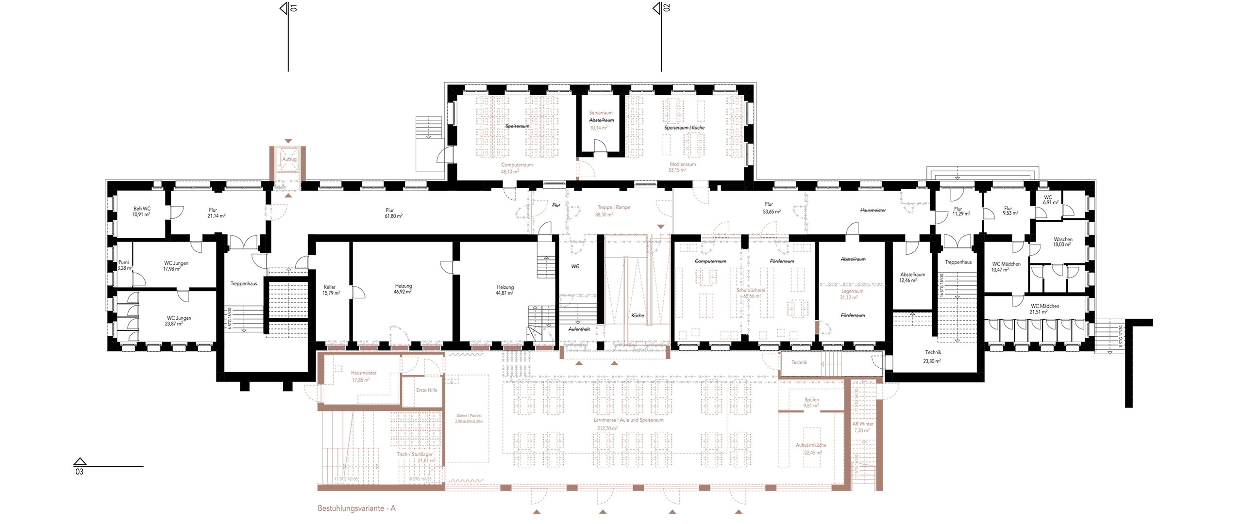 Grundriss des Dachgeschosses mit Lern- und Verwaltungsräumen