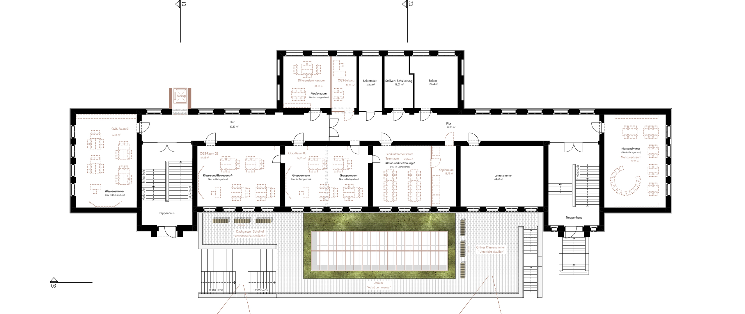 Grundriss des Obergeschosses der GGS Hölterschule mit Erweiterungsflächen