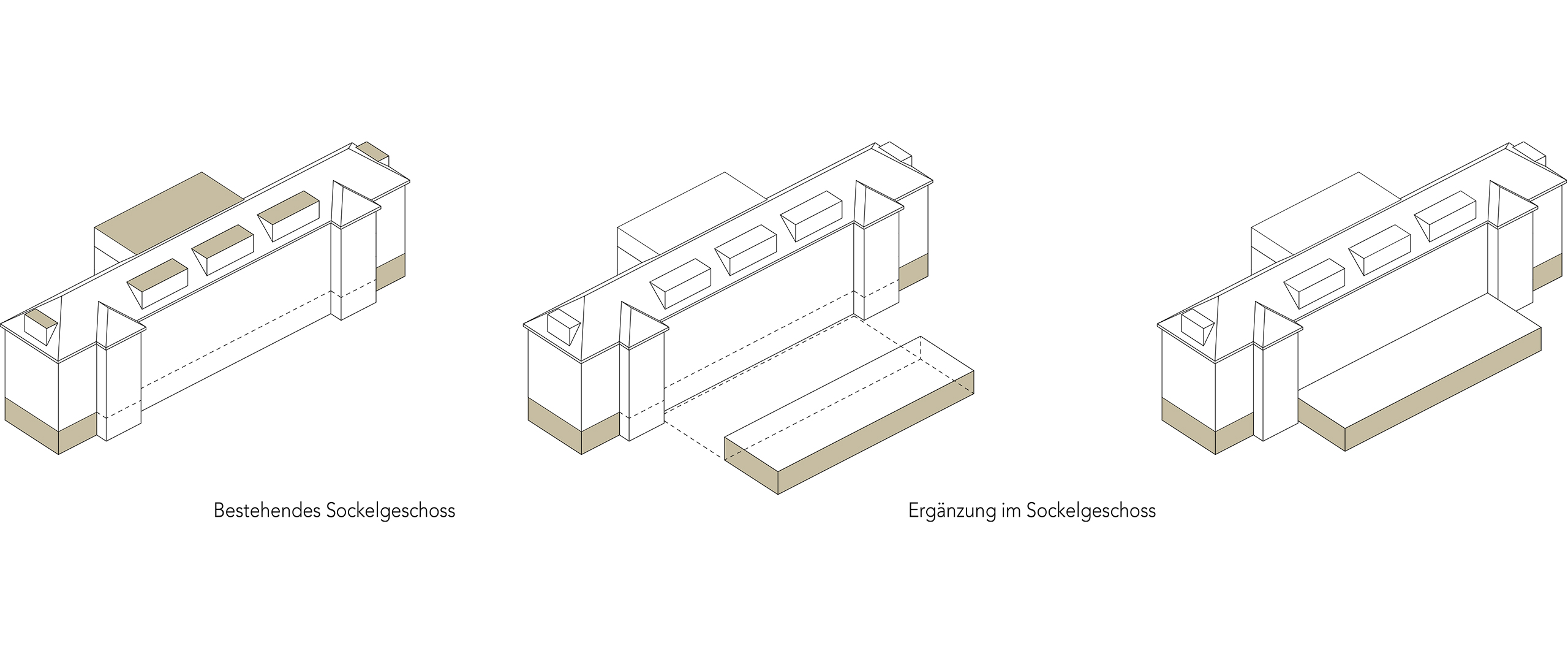 Axonometrie mit Darstellung der neuen Gebäudestruktur und Verbindungen