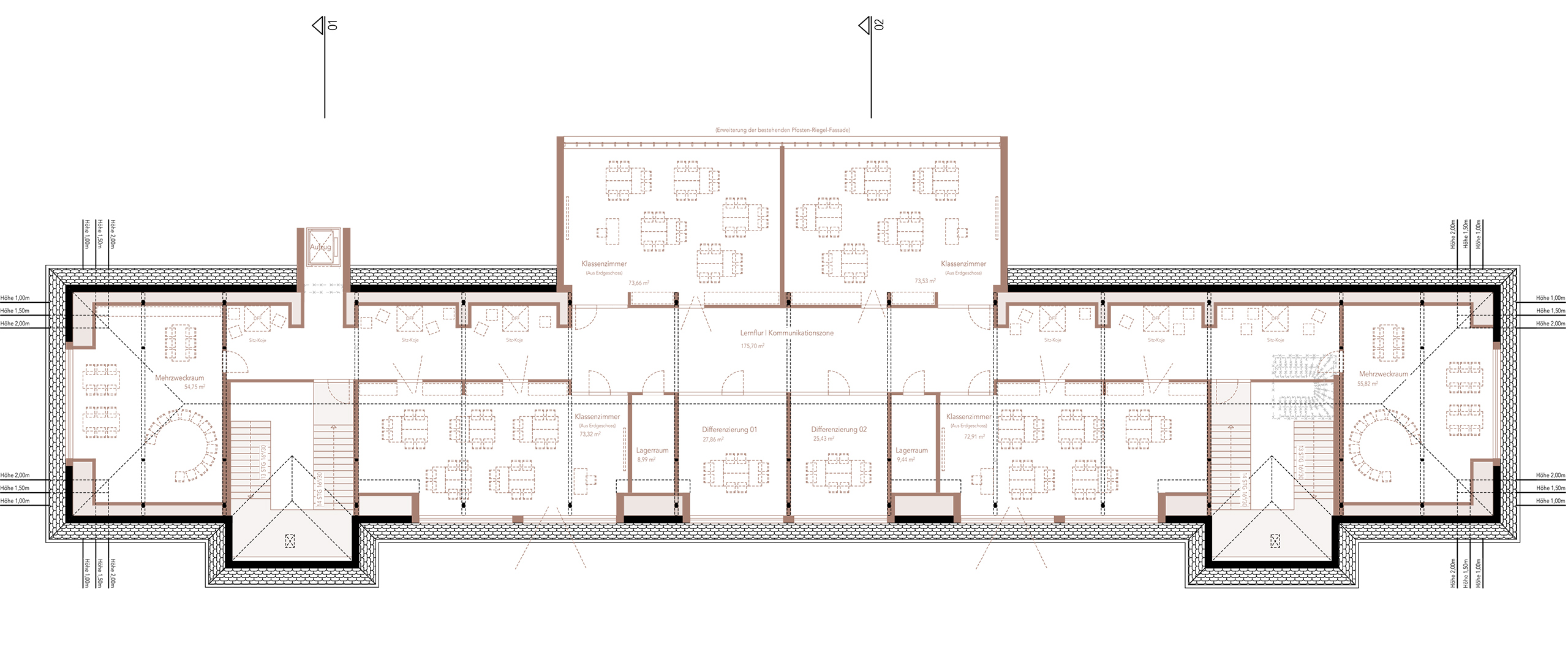 Grundriss des Erdgeschosses mit neuen Unterrichtsräumen und Verbindung zum Bestand