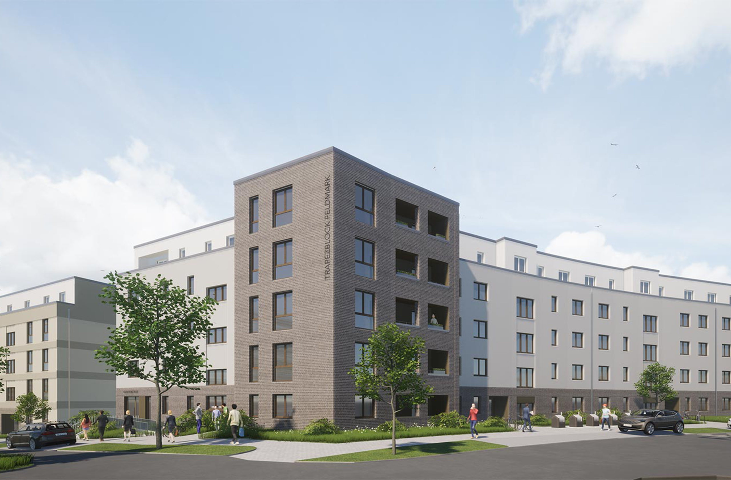 Straßenansicht des Wohnquartiers Trapezblock in Bochum mit Passanten