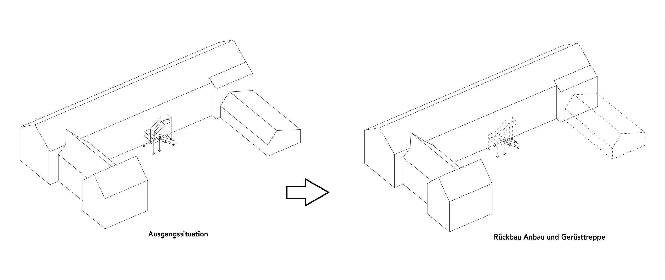 Diagramm zur Erweiterung der Gemeinschaftsgrundschule Karl-Forst-Straße: Ausgangssituation des Bestandsgebäudes und Rückbau von Anbau sowie Gerüsttreppe.