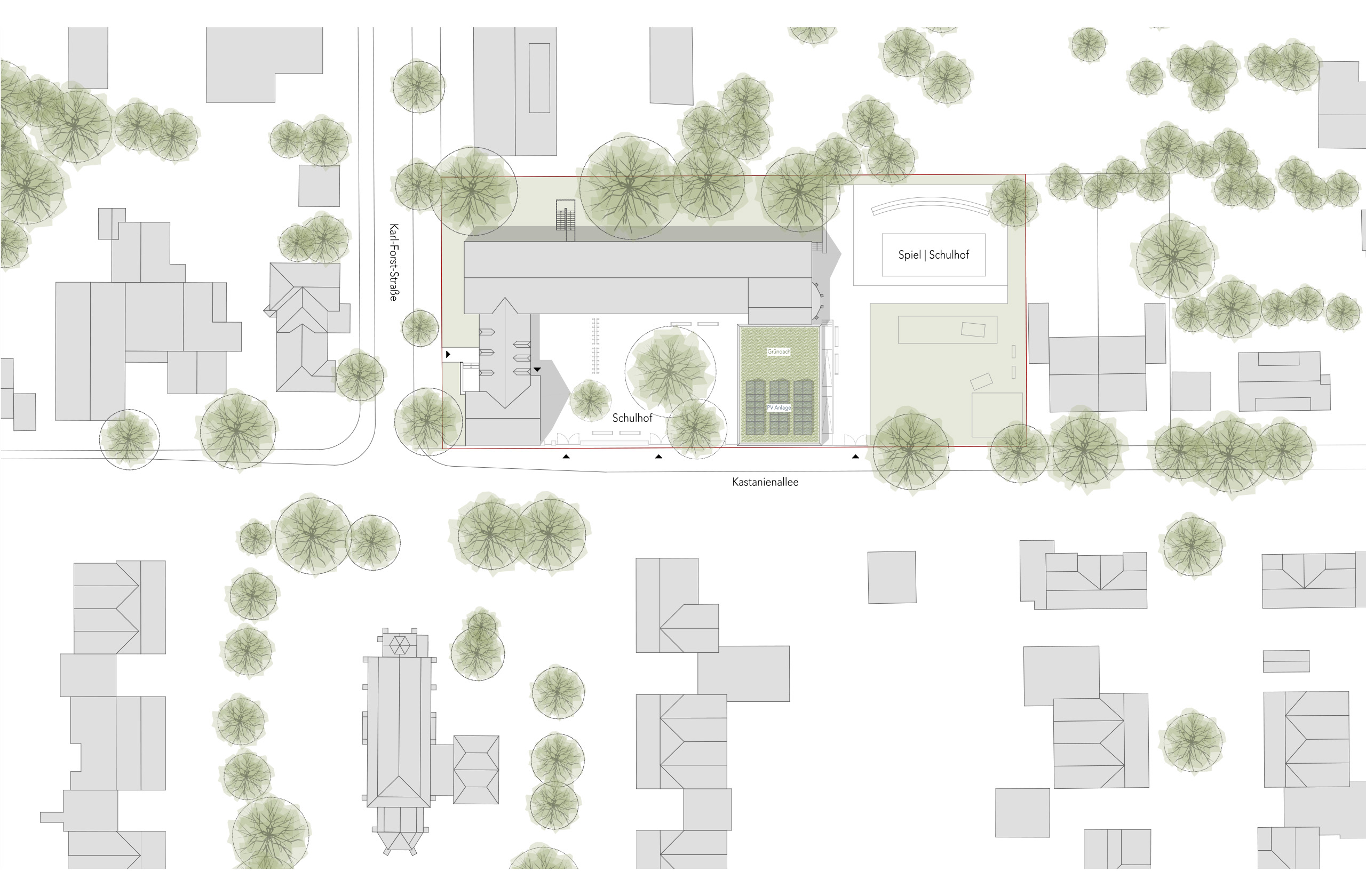 Lageplan der Erweiterung der Gemeinschaftsgrundschule Karl-Forst-Straße in Mülheim-Selbeck mit Schulhof, Spielbereich und neuem Schulgebäude an der Kastanienallee.
