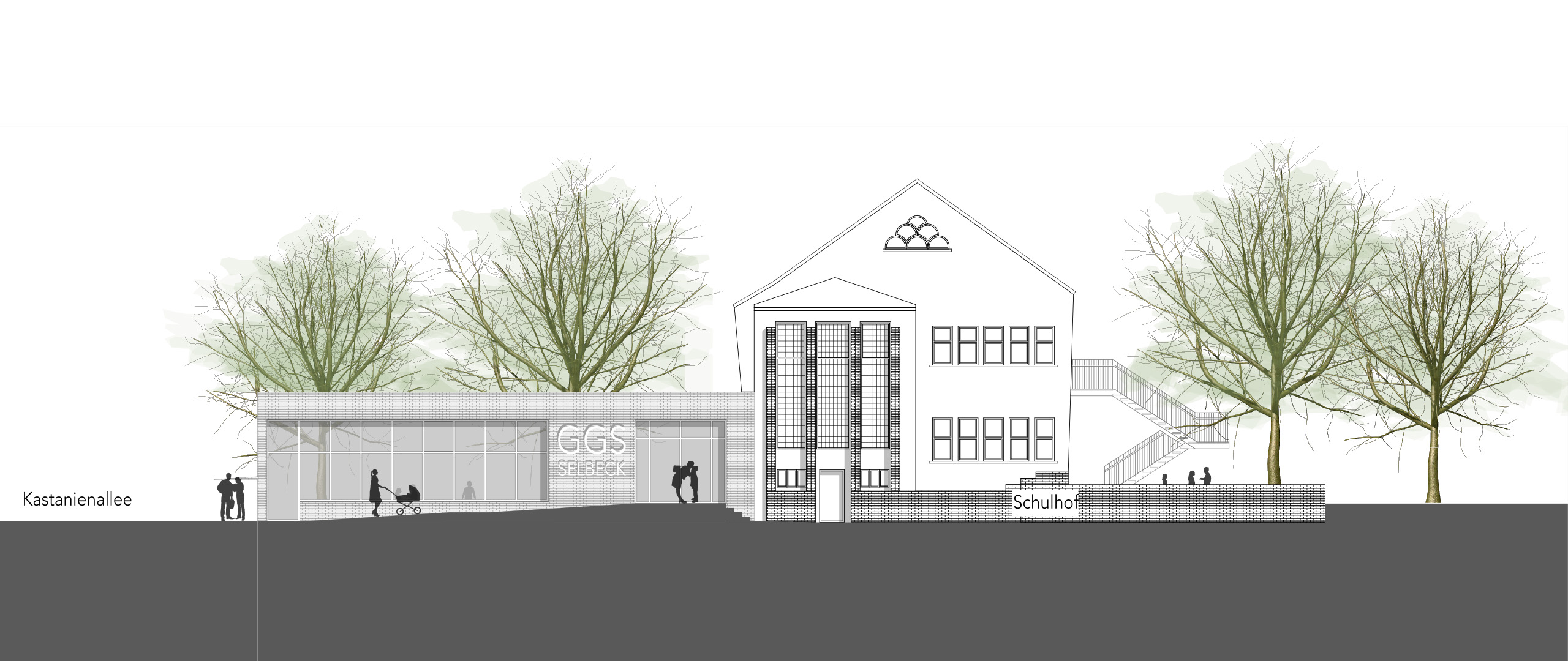Straßenansicht der Erweiterung der Gemeinschaftsgrundschule Karl-Forst-Straße (GGS Selbeck) mit neuem Mehrzweckgebäude und historischem Schulgebäude an der Kastanienallee.