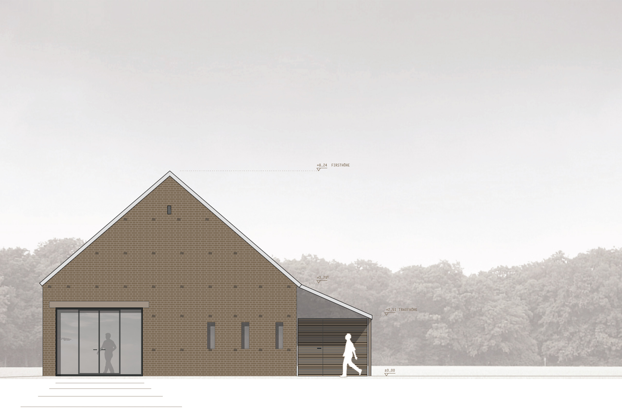 Ostansicht eines Scheunenumbaus mit Backsteinfassade, Satteldach