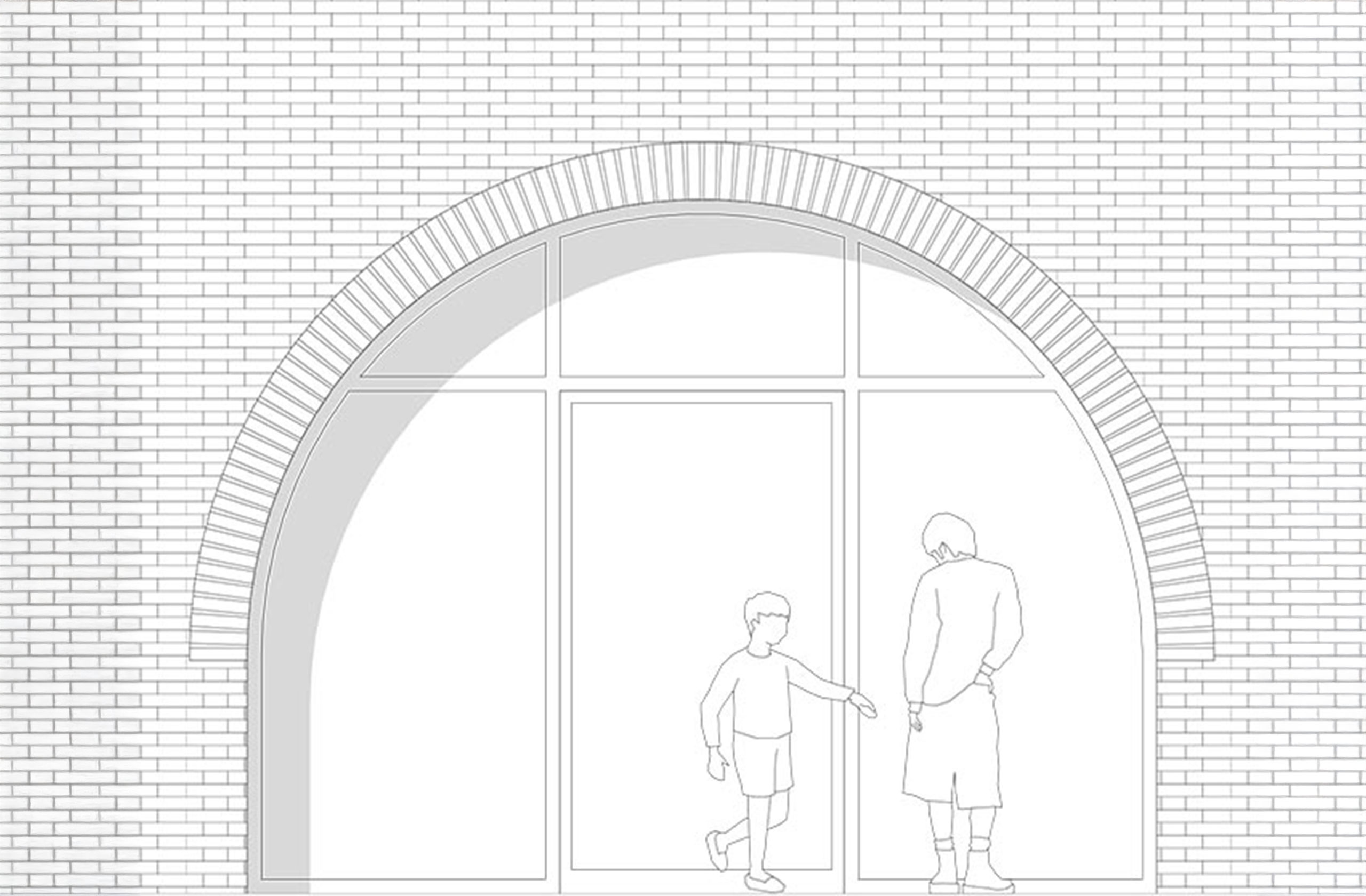 Zeichnerisches Detail der Fassade mit Rundbogen und Eingangssituation