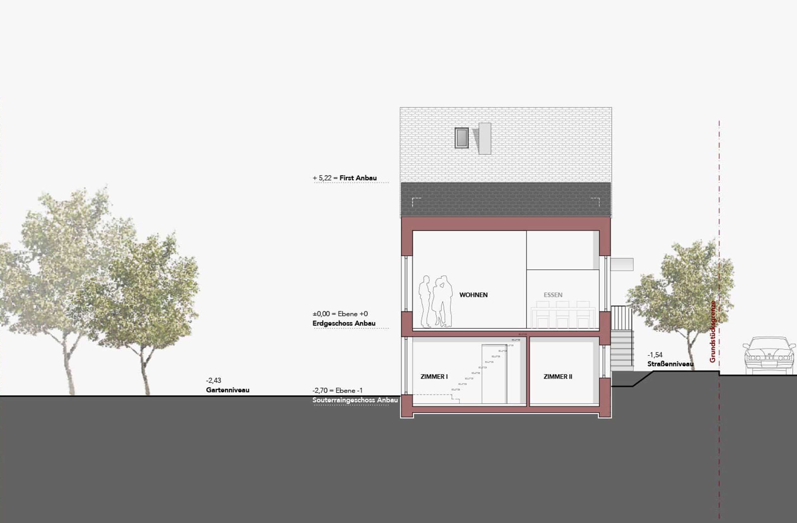 Längsschnitt durch das Einfamilienhaus mit Anbau