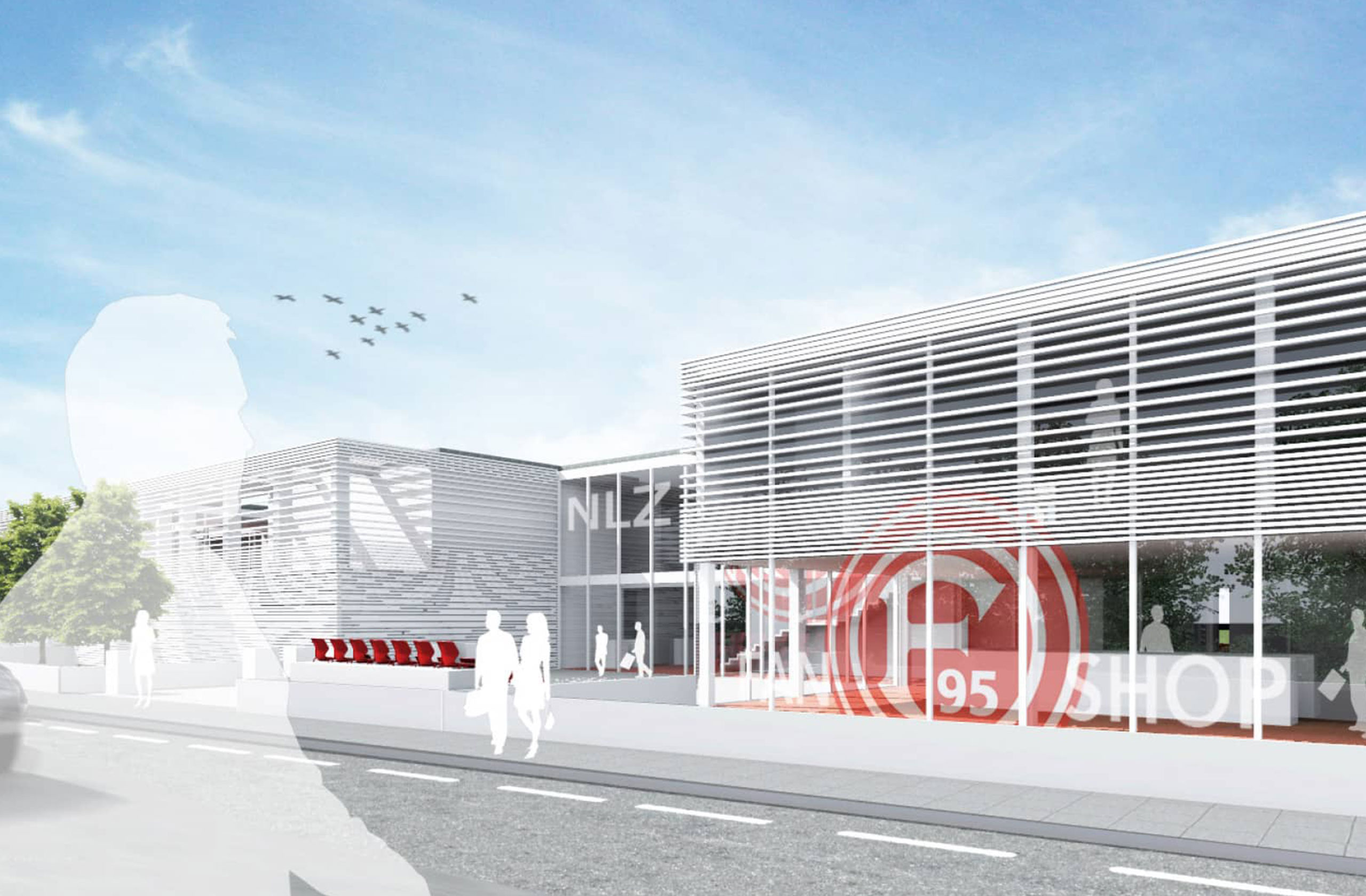 Außenansicht des Nachwuchsleistungszentrums F95 mit Shop-Bereich