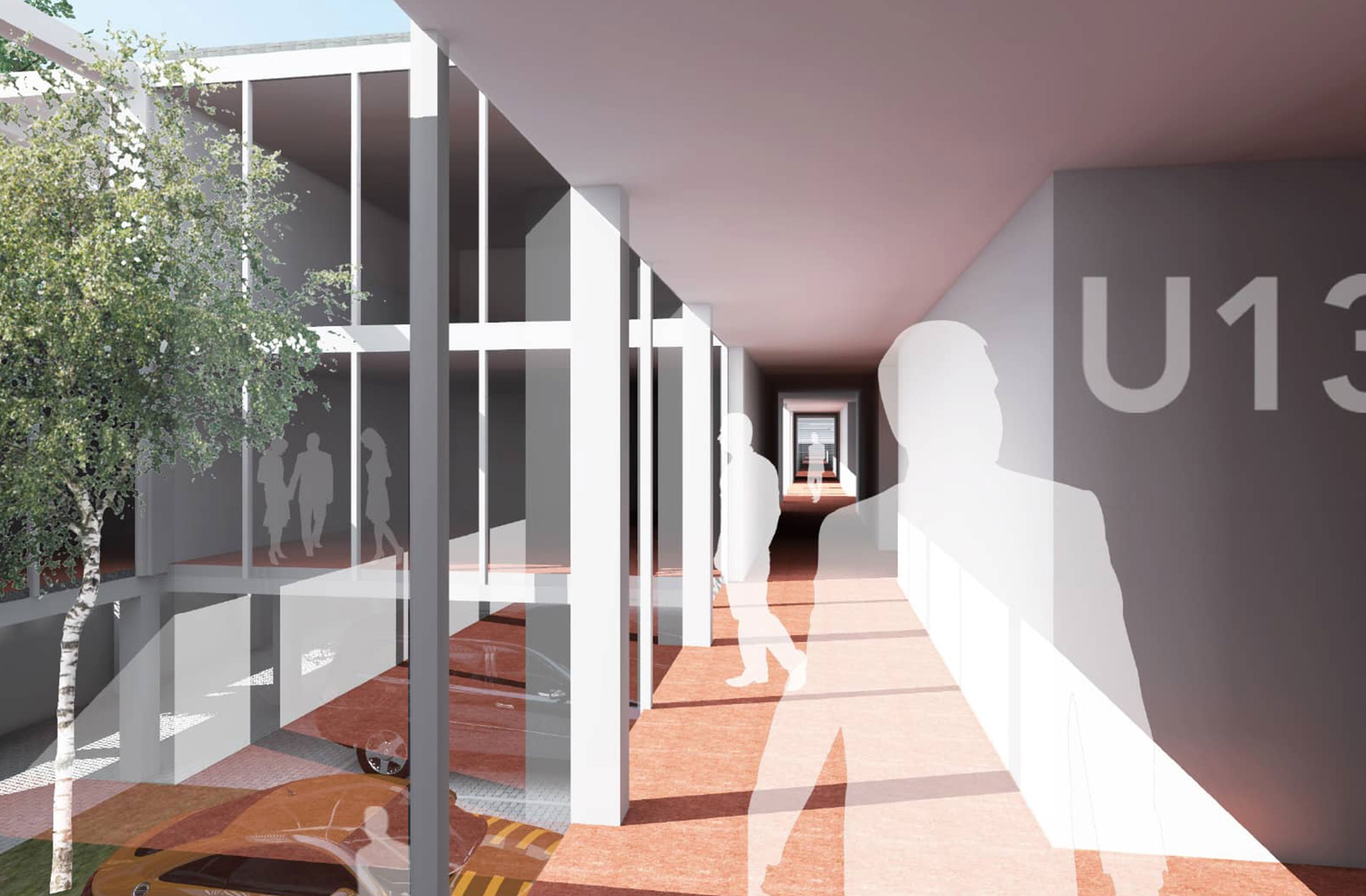 Flur des Nachwuchsleistungszentrums F95 mit Verbindungsgang und Beschriftung