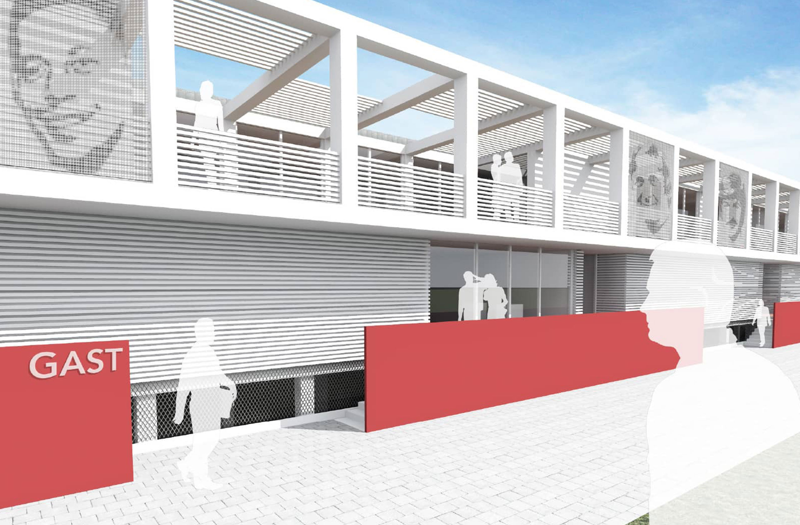 Eingangsbereich des Nachwuchsleistungszentrums F95 mit Beschilderung ‚Gast‘