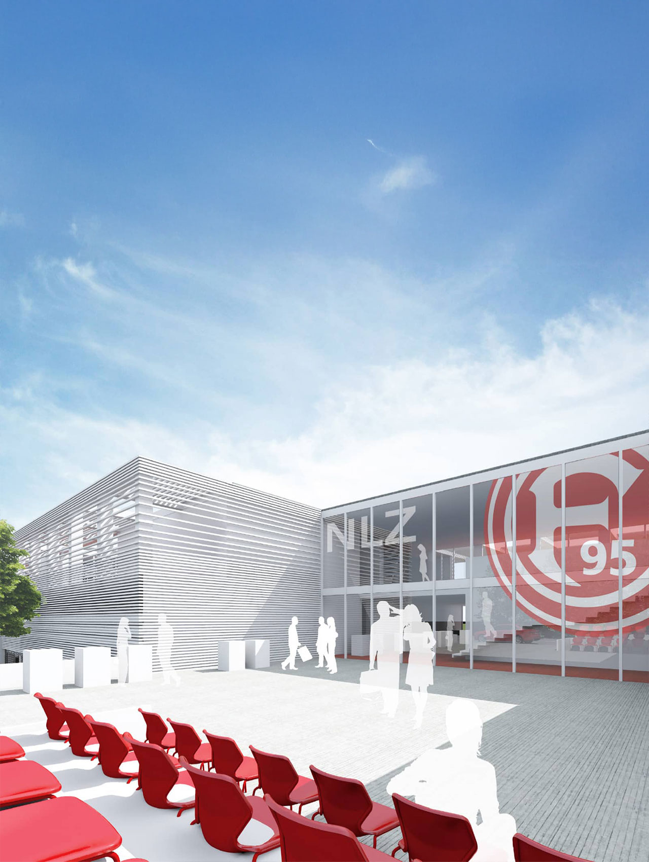 Außenansicht des Nachwuchsleistungszentrums F95 mit Eingangsbereich und Vereinslogo