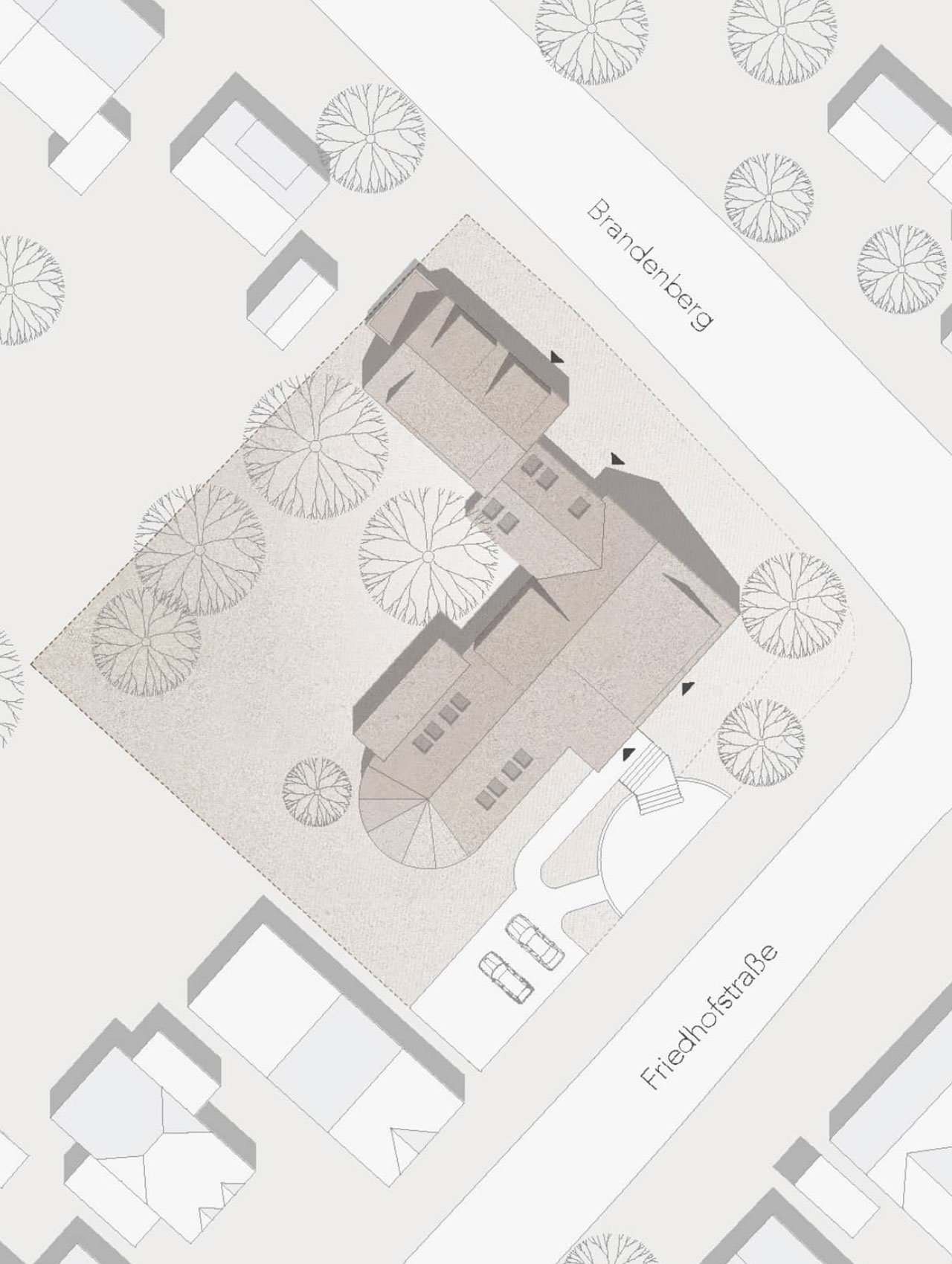 Lageplan des Grundstücks mit Bestandsbau und Erweiterung der ehemaligen Kirche