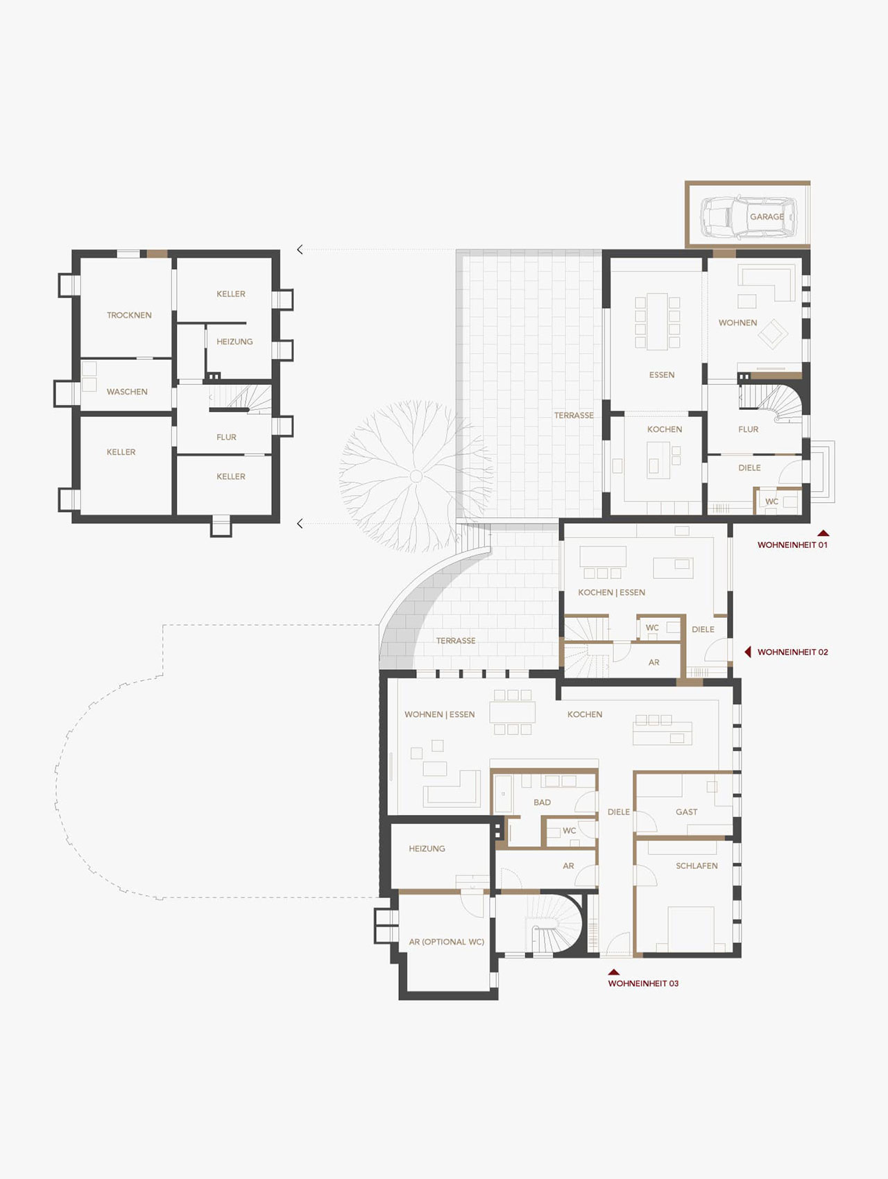 Grundriss mit Nebenräumen und Verbindung zum Hauptgebäude
