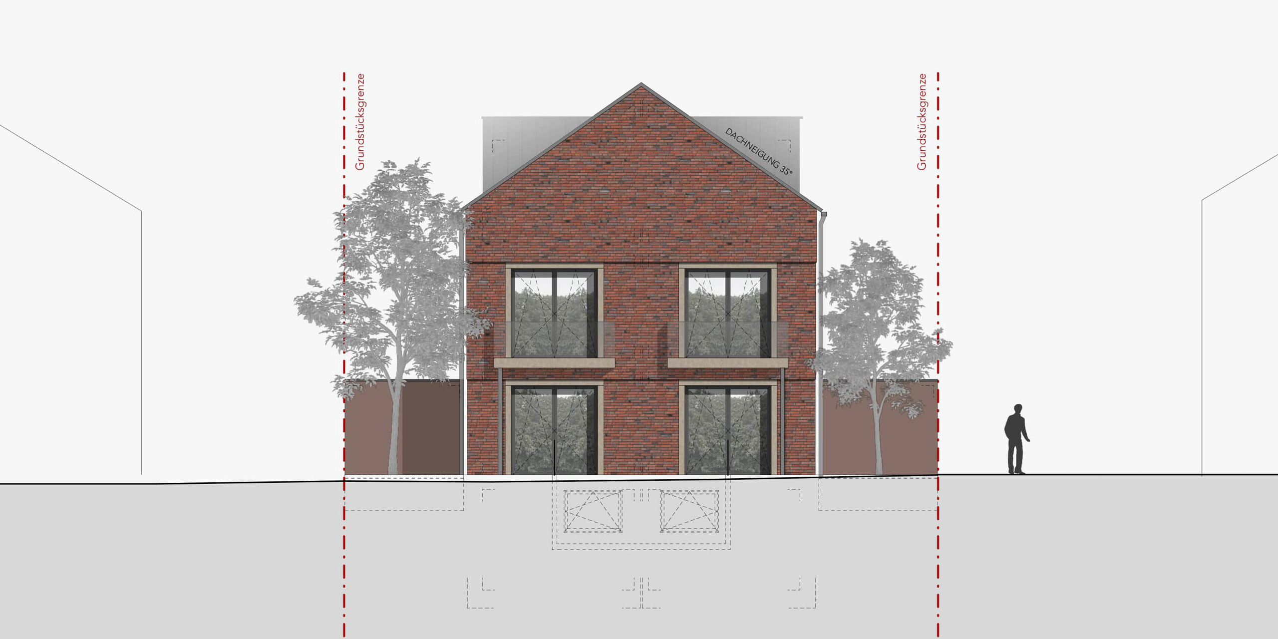Rückansicht der Wohnbebauung mit Fensterachsen und Satteldach