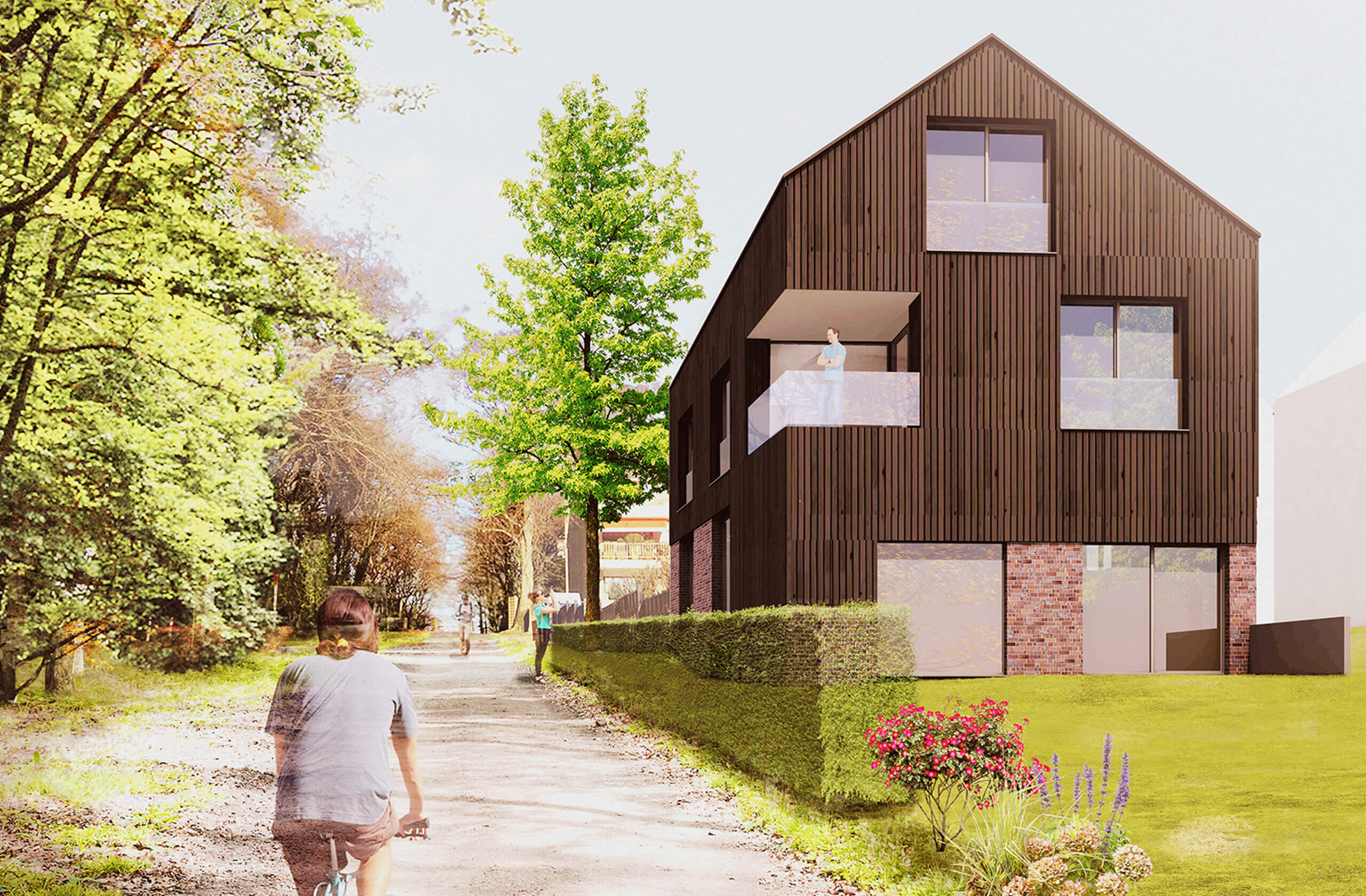 Perspektive des Mehrfamilienhauses mit vorgelagerter Grünfläche