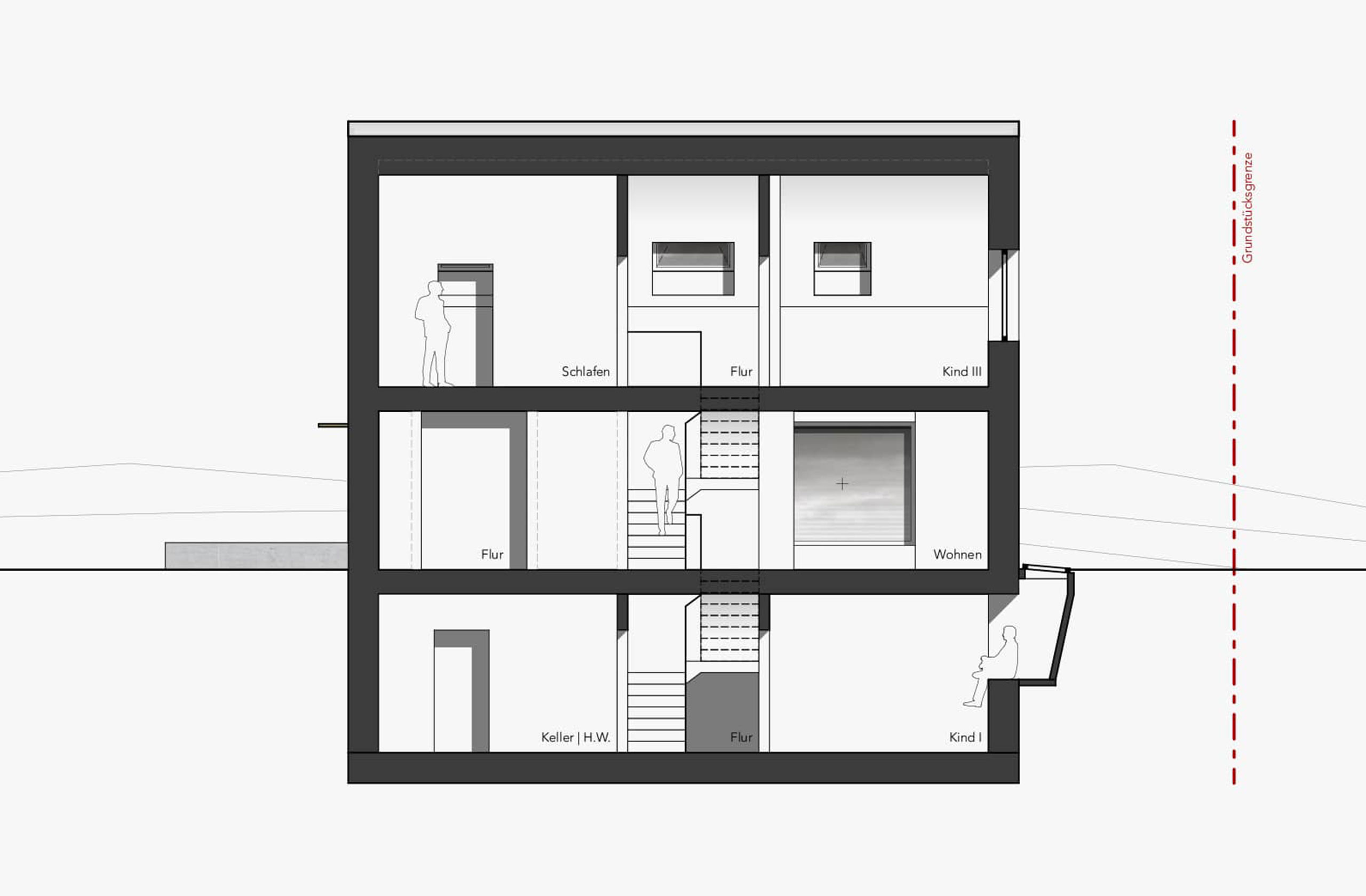 Längsschnitt durch das Einfamilienhaus mit Darstellung der Geschosse