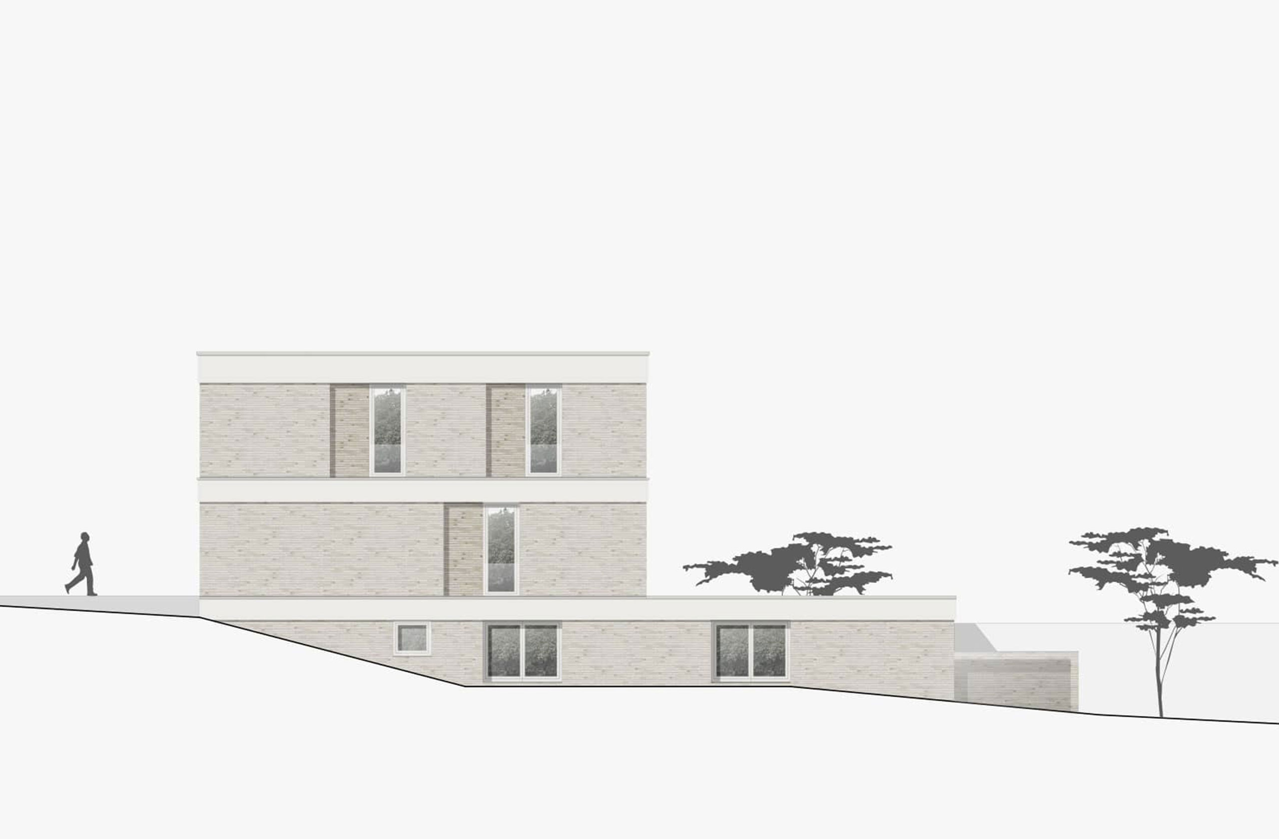 Seitliche Ansicht des modernen Wohnhauses mit klarer Fassadengliederung