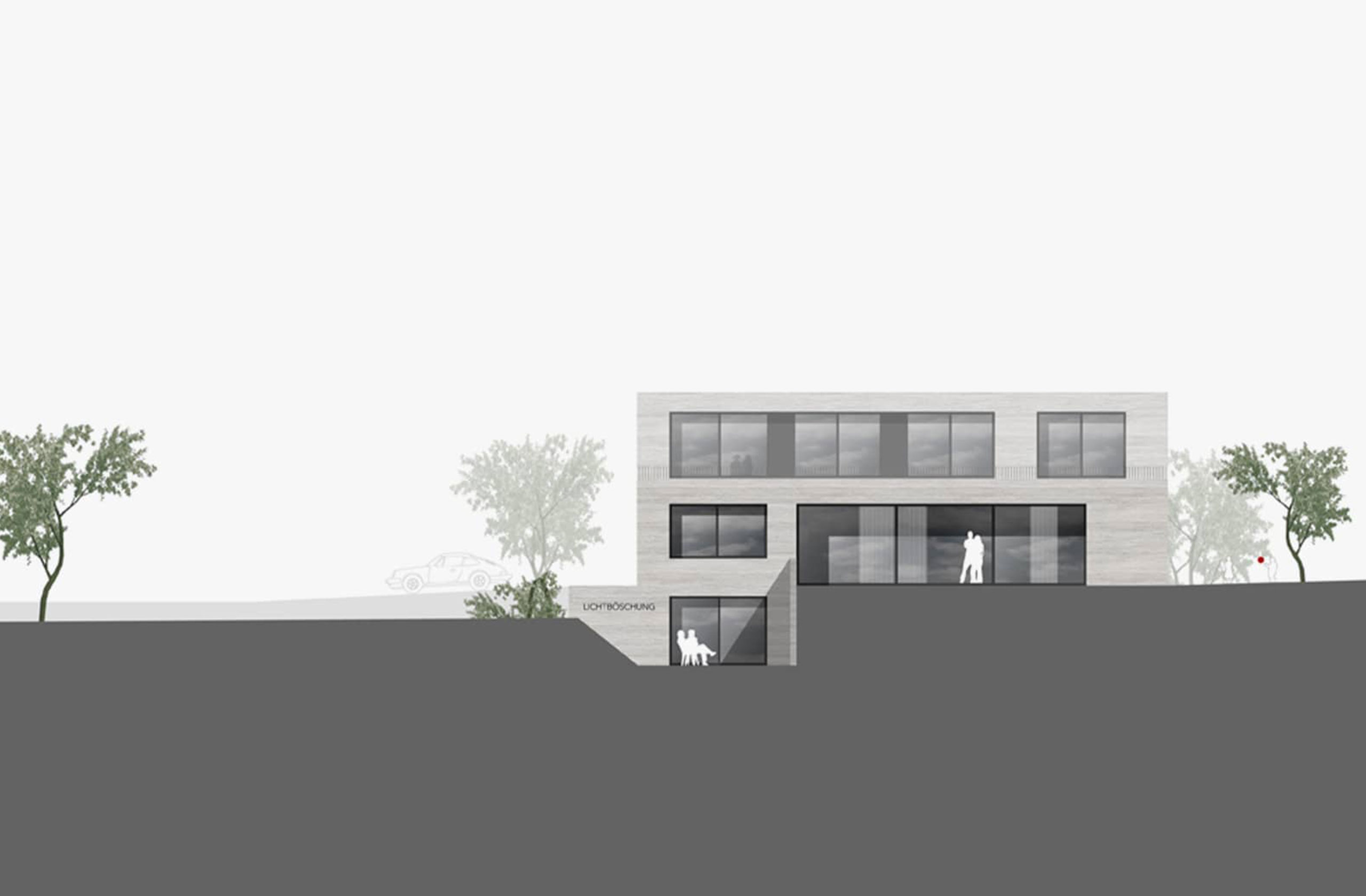 Frontansicht eines Einfamilienhauses mit vorgelagerter Terrasse