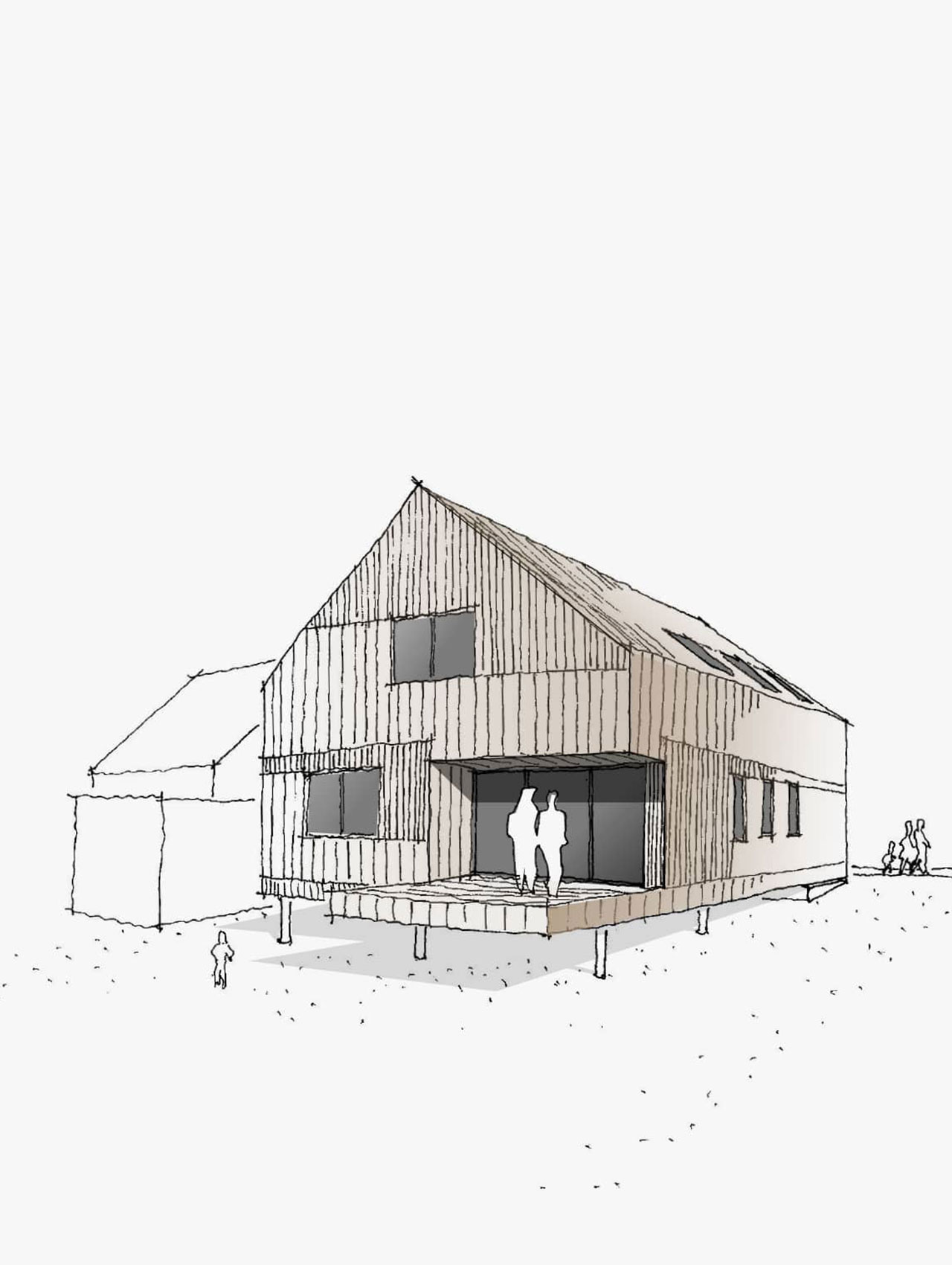 Architektonische Skizze des Wohnhauses VB9 mit Giebelfront