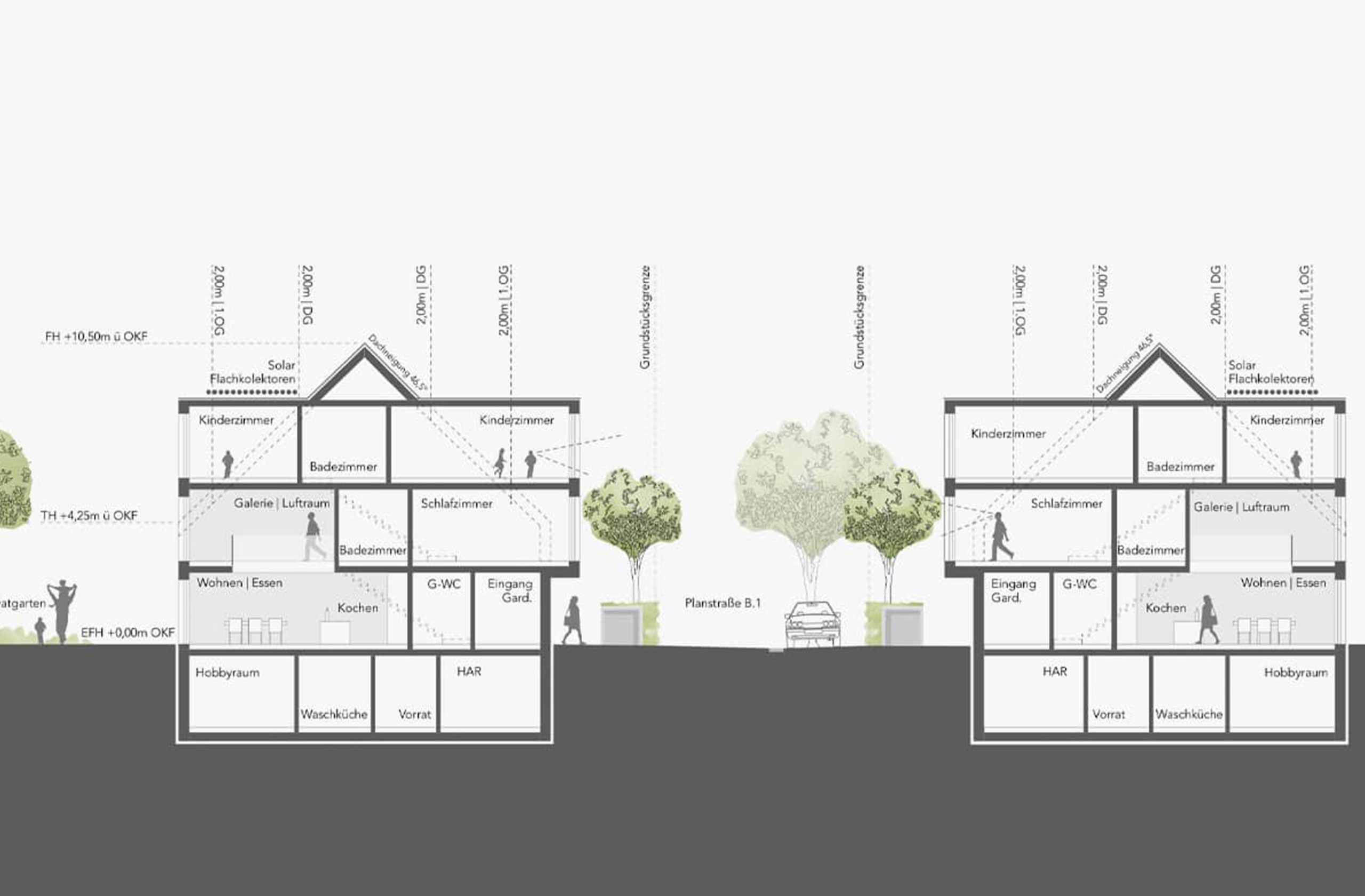 Querschnitt durch zwei Häuser des Wohnquartiers Am alten Angerbach in Duisburg