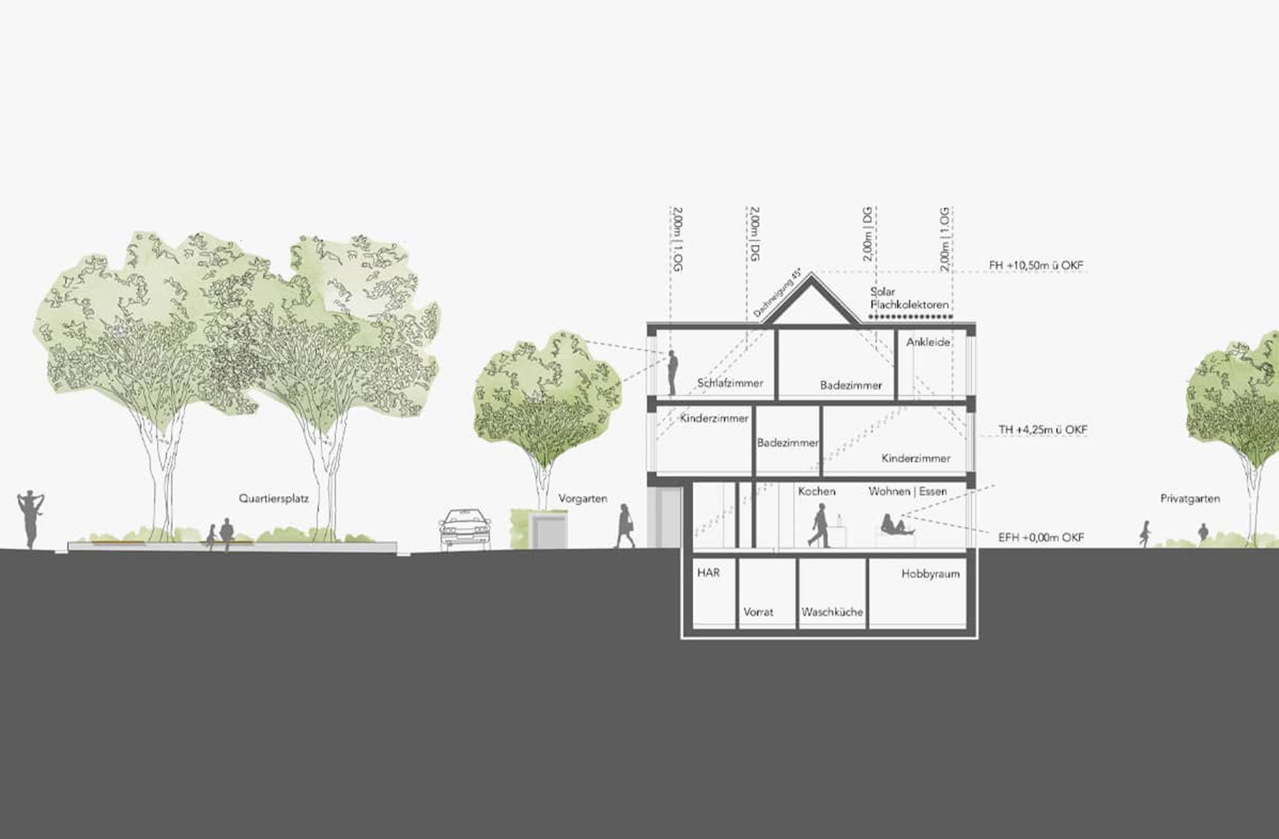 Detailquerschnitt durch zwei Häuser im Wohnquartier Am alten Angerbach in Duisburg