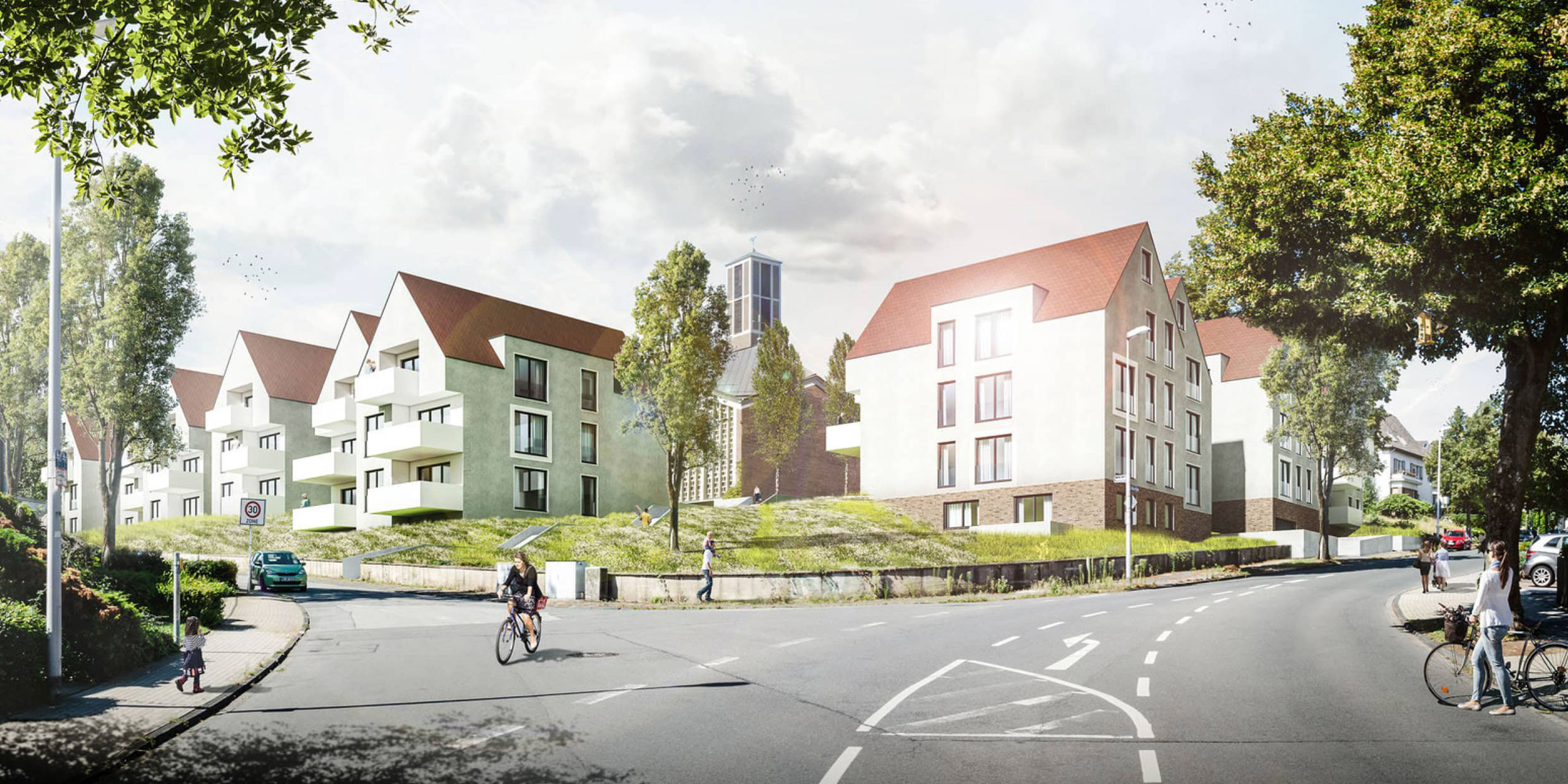 Straßenansicht des geplanten Wohnquartiers mit Neubauten und Grünraum