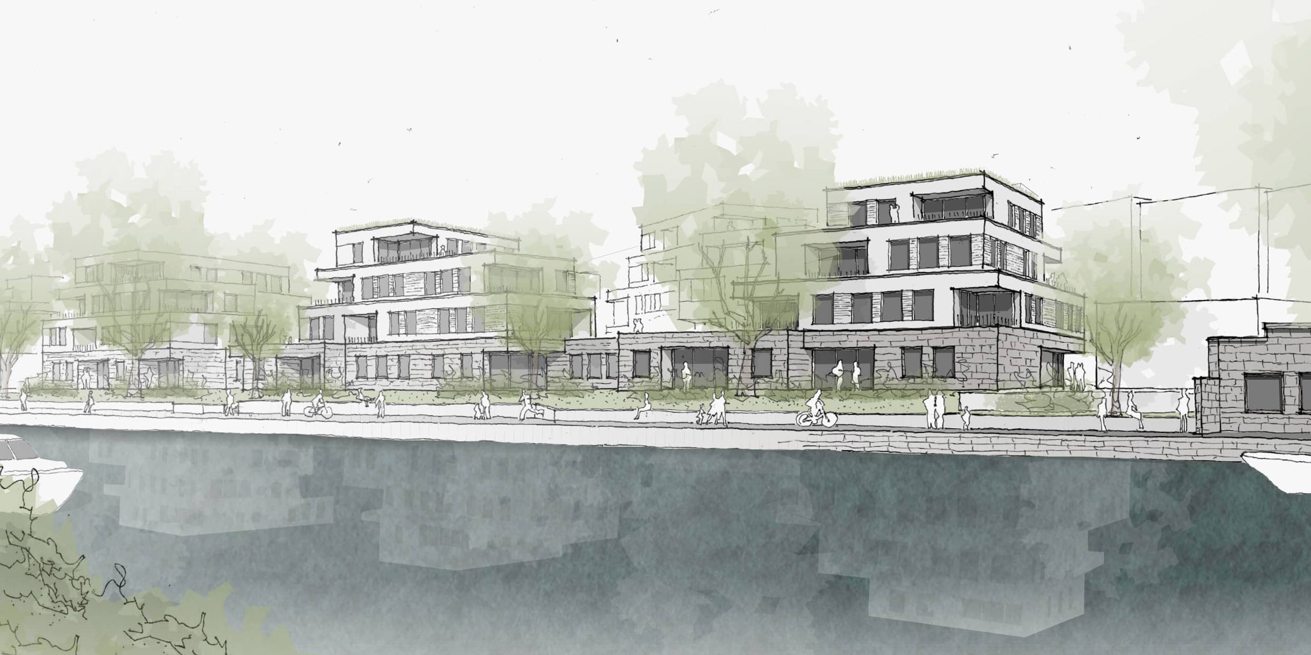 Perspektivische Ansicht des Wohnquartiers am Schleusenkanal von der Wasserseite