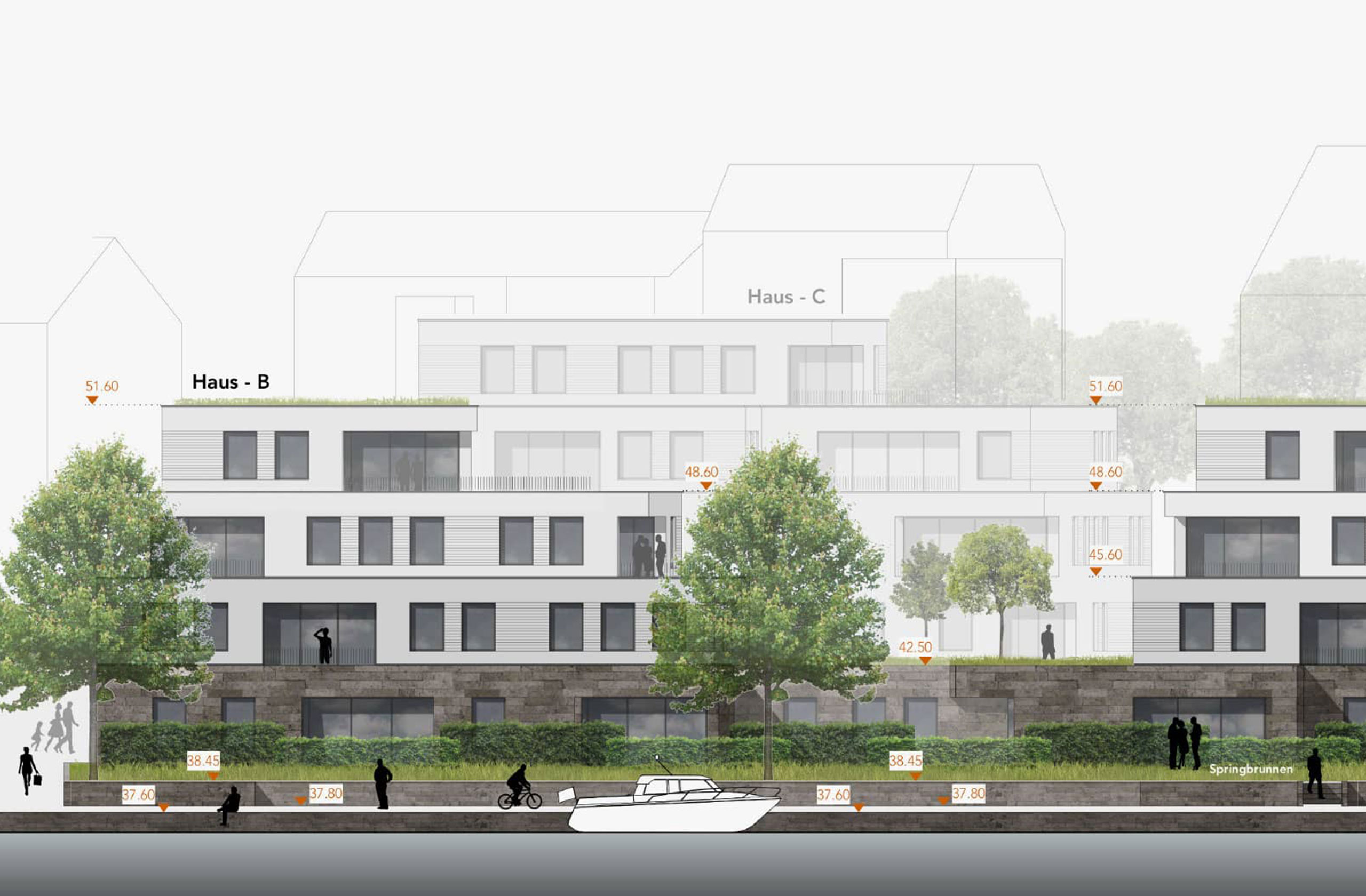 Straßenansicht des Wohnquartiers am Schleusenkanal mit Baumbestand