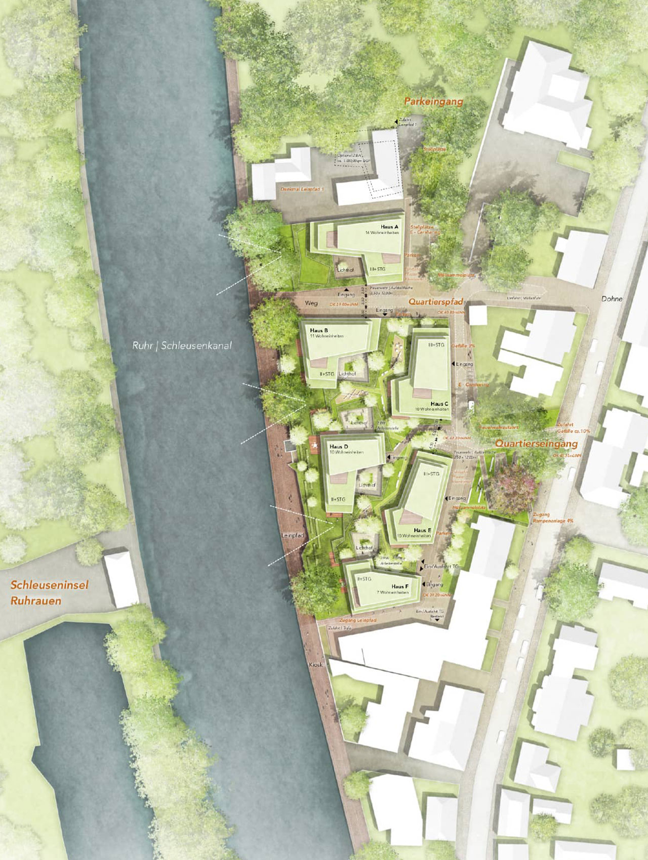Lageausschnitt des Wohnquartiers mit Grünzug entlang des Schleusenkanals