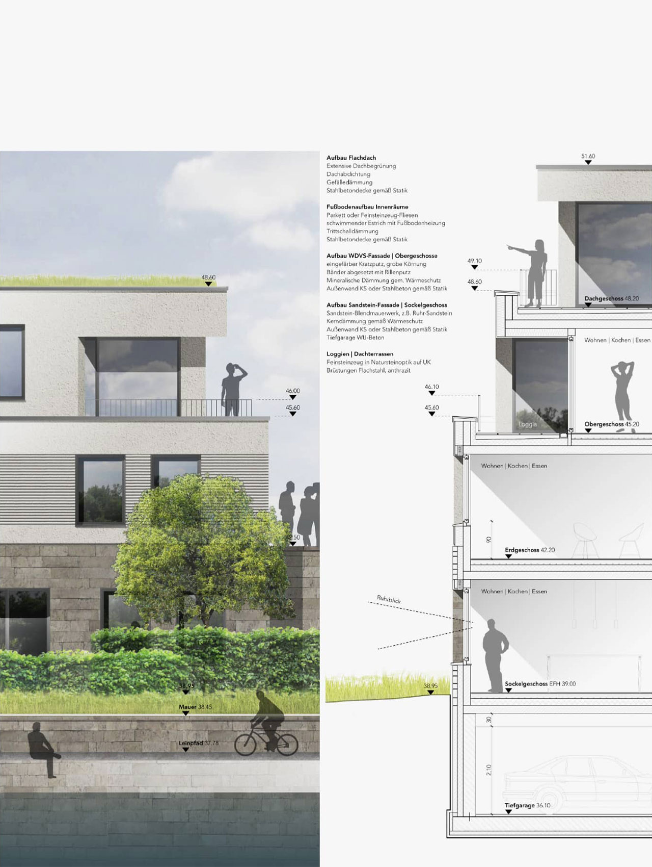 Detaildarstellung mit Schnitt und Fassadenelementen des Wohnquartiers am Schleusenkanal