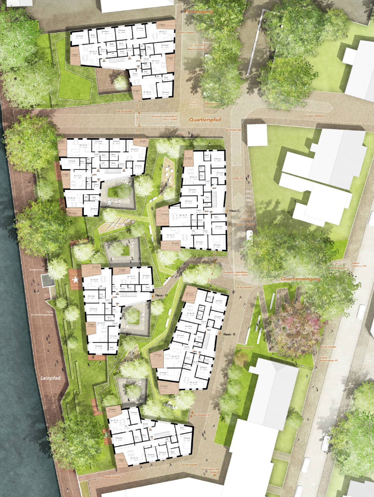 Lageplan des Wohnquartiers am Schleusenkanal mit Gebäudeanordnung und Grünflächen