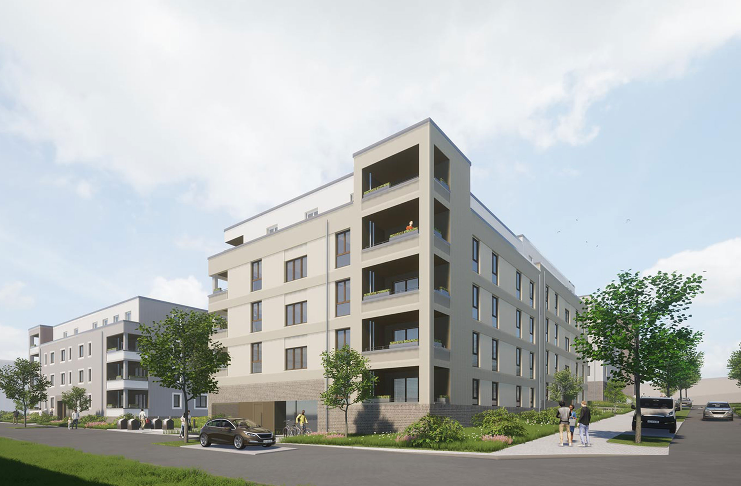 Balkonfassade des Wohnquartiers Trapezblock