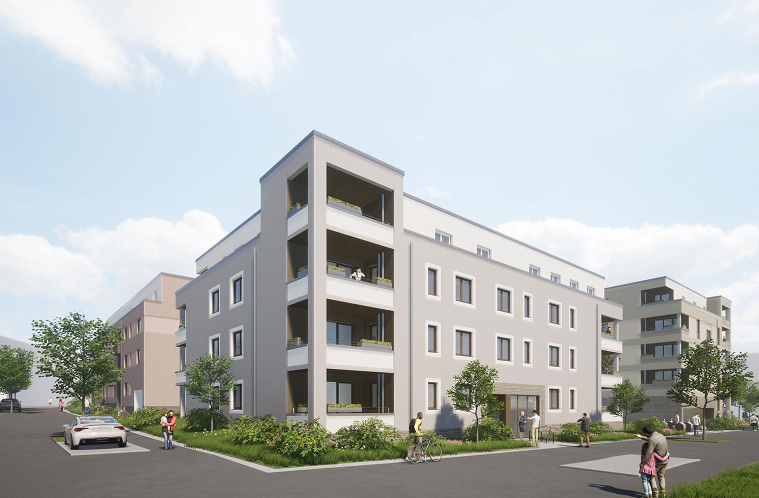 Balkonfassade des Wohnquartiers Trapezblock