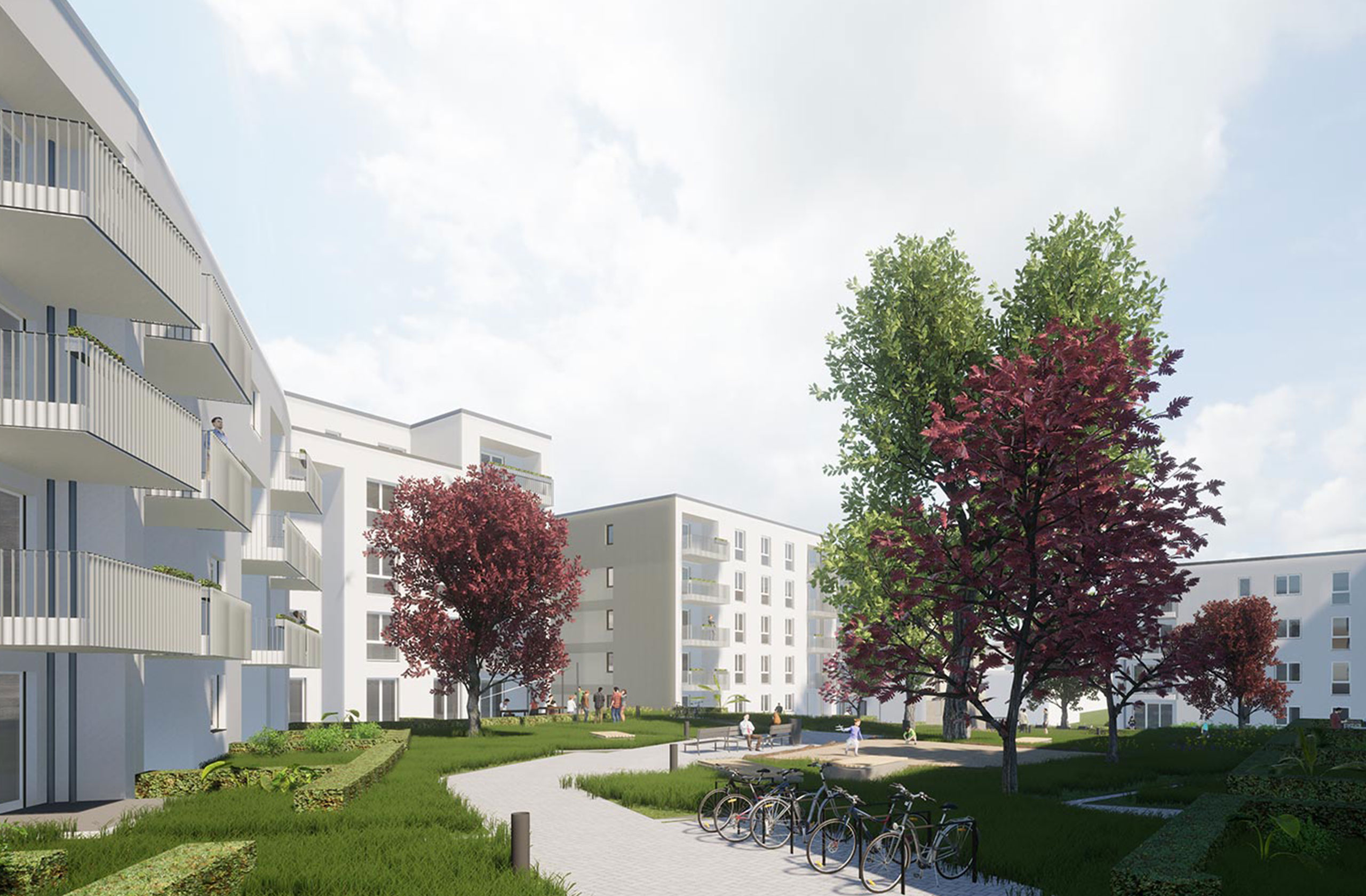 Detailansicht der Terrassen im Innenhof des Wohnquartiers Trapezblock