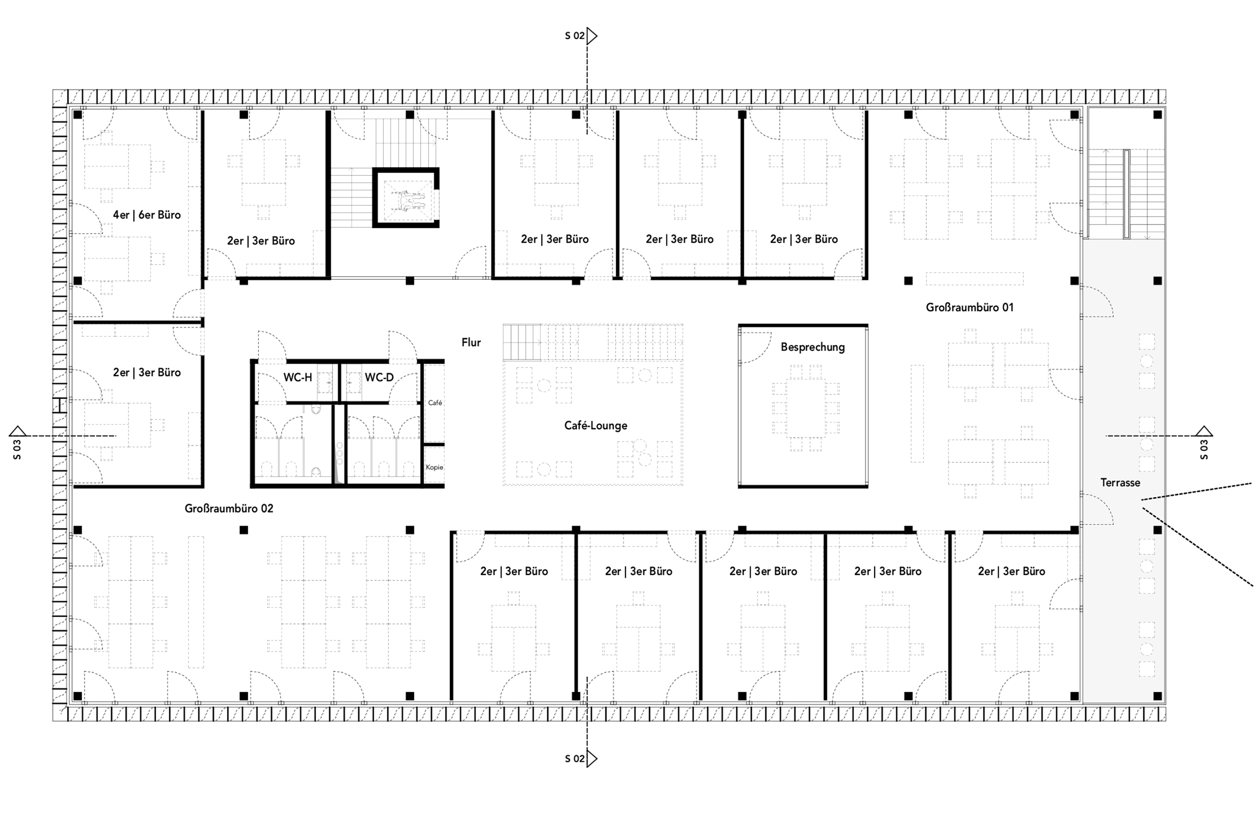 Grundriss des Erdgeschosses der Hauptverwaltung pitstop mit Empfang und Besprechungsräumen